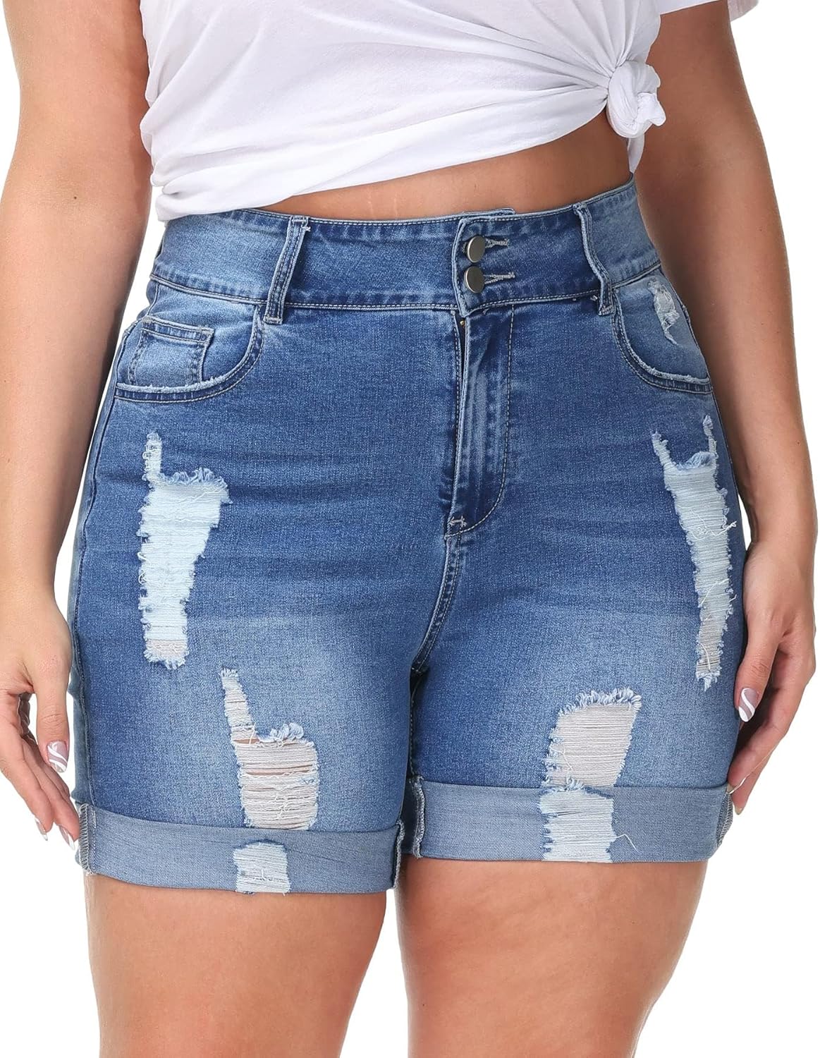 Womens Plus Size Jean Shorts Stretchy High Waisted Distressed Fold Hem Denim Shorts - Image 4