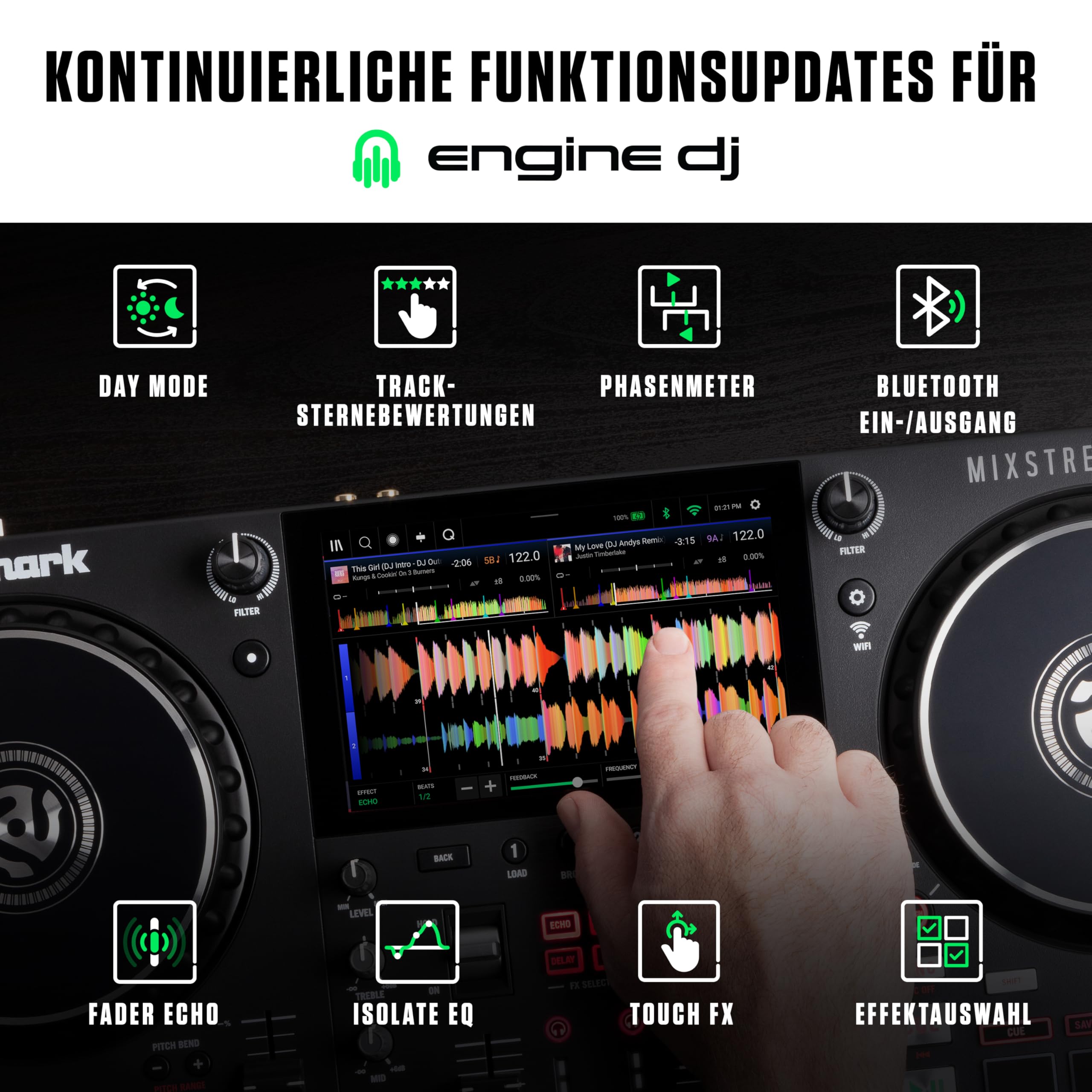 Numark Mixstream Pro+ DJ-Controller mit Stem-Trennung, 2 Decks, WLAN-Streaming, Mixer, 7 Zoll Touchscreen, Lautsprechern, kompatibel mit Serato und Virtual DJ