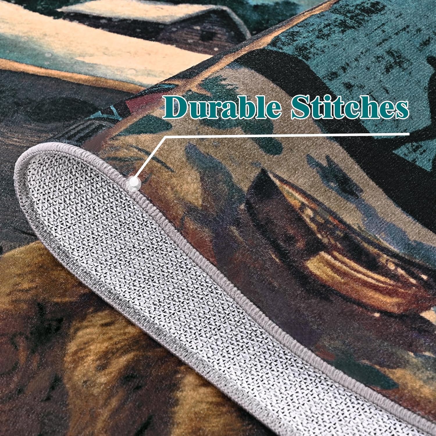 ASPMIZ Rustic Area Rugs 4x6 Living Room Rug, Low Pile Southwestern Washable Rug Non Slip, Soft Faux Wool Cabin Throw Rugs for Bedroom, Dining Room, Vintage Country Wildlife Home Decor, Blue