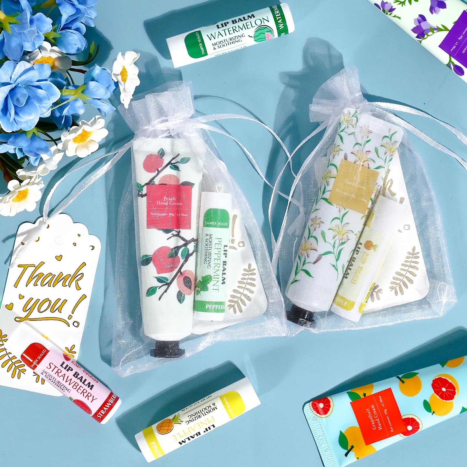 AZEN 24-teiliges Set mit Handcreme und Lippenbalsam, Großpackung mit Organza-Beutel, Dankeskarte, Brauthochzeitsgeschenke und Dankeschön-Geschenke für Gäste