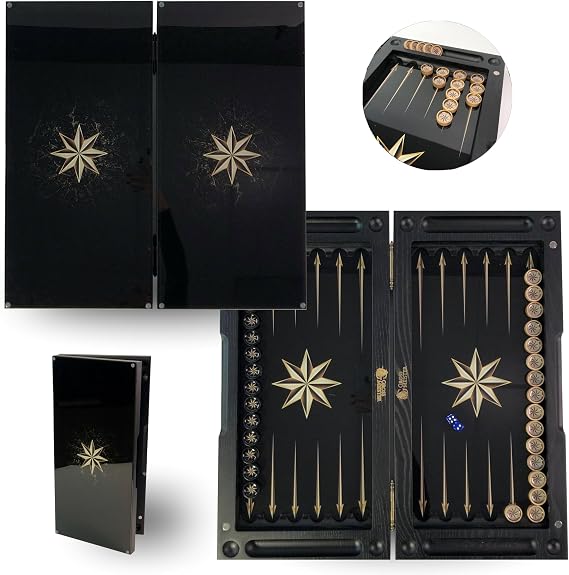 Elegant Wooden Backgammon Game - Handmade 20 Inch Set with UV Printed Glass Playing Surface - Unique Star Motif - Includes 30 Design Tiles & Dice - High Quality Wooden Board Game