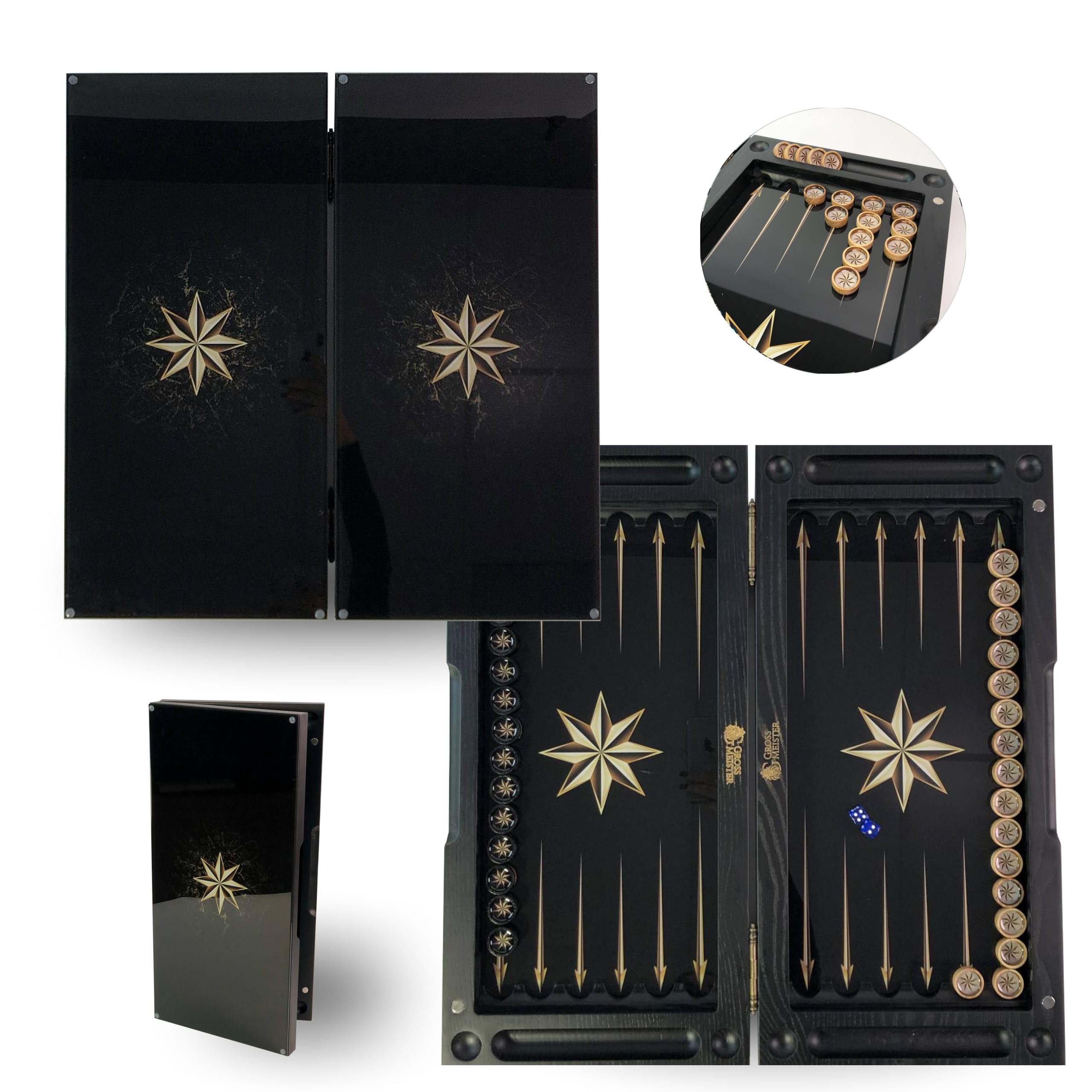 Szlachetna gra w backgammon z drewna – ręcznie wykonany zestaw 50 cm ze szklaną powierzchnią do zabawy z nadrukiem UV – unikalny motyw gwiazdy – łącznie z 30 designerskimi kamieniami do gry i kostkami
