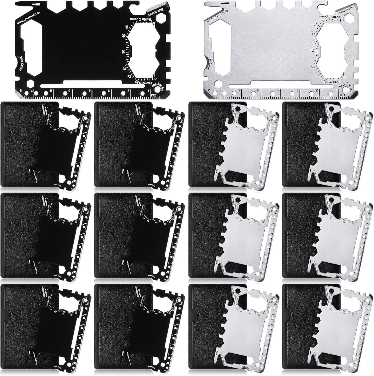 Cholemy 12 Pcs Credit Card Wallet Multitool 46 in 1 Metal Stainless Steel Survival Pocket Tool Multipurpose Bottle Opener Bulk for Fathers Day Dad Men Birthday Gift(Black, Silver,Classic Style)