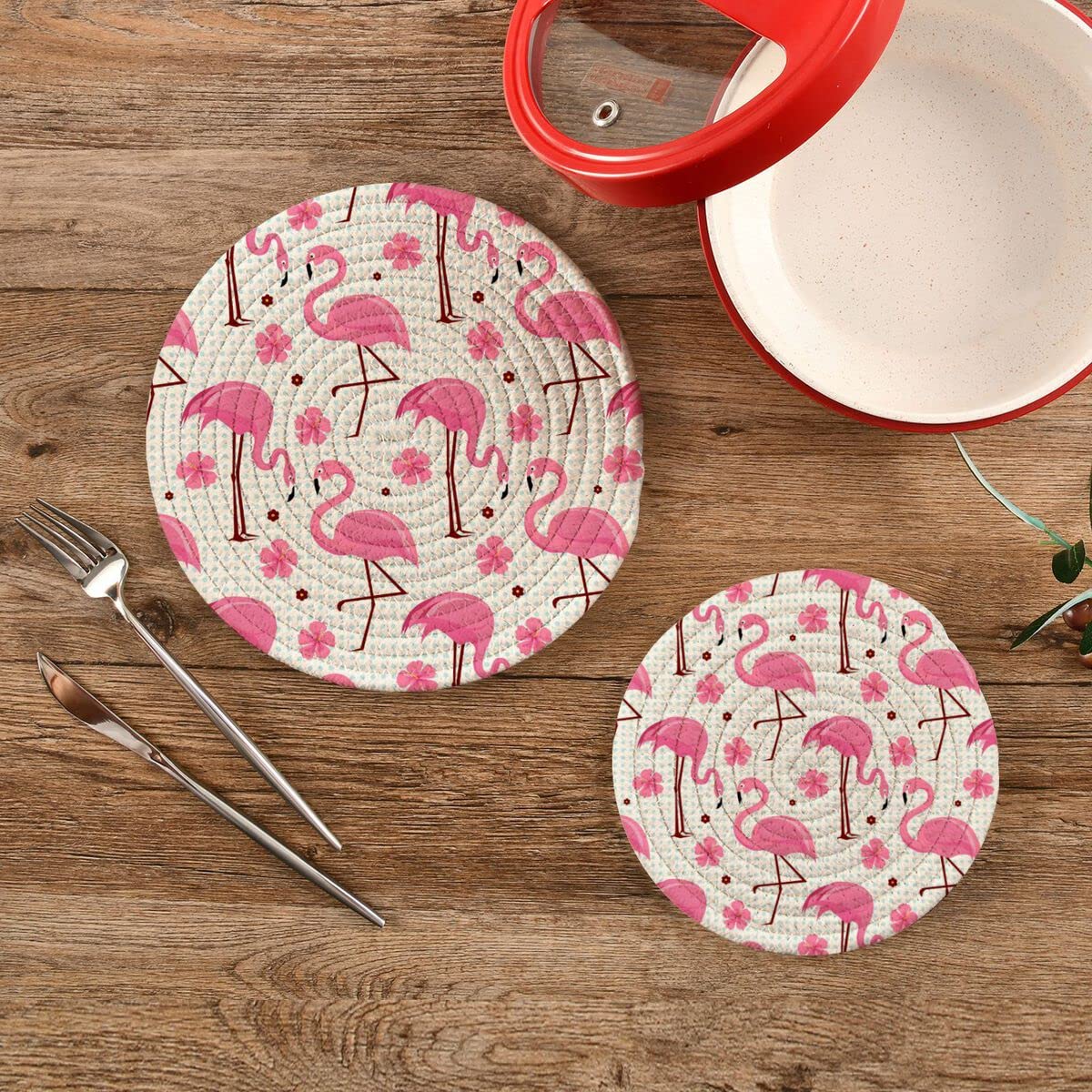 Kigai Tropical Flamingo Trivets for Hot Pots and Pans and Pot Holders 2PCS – Cotton Rope Round Mats, Hot Pads for Kitchens, Coasters, Placemats, Spoon Rest for Cooking and Baking