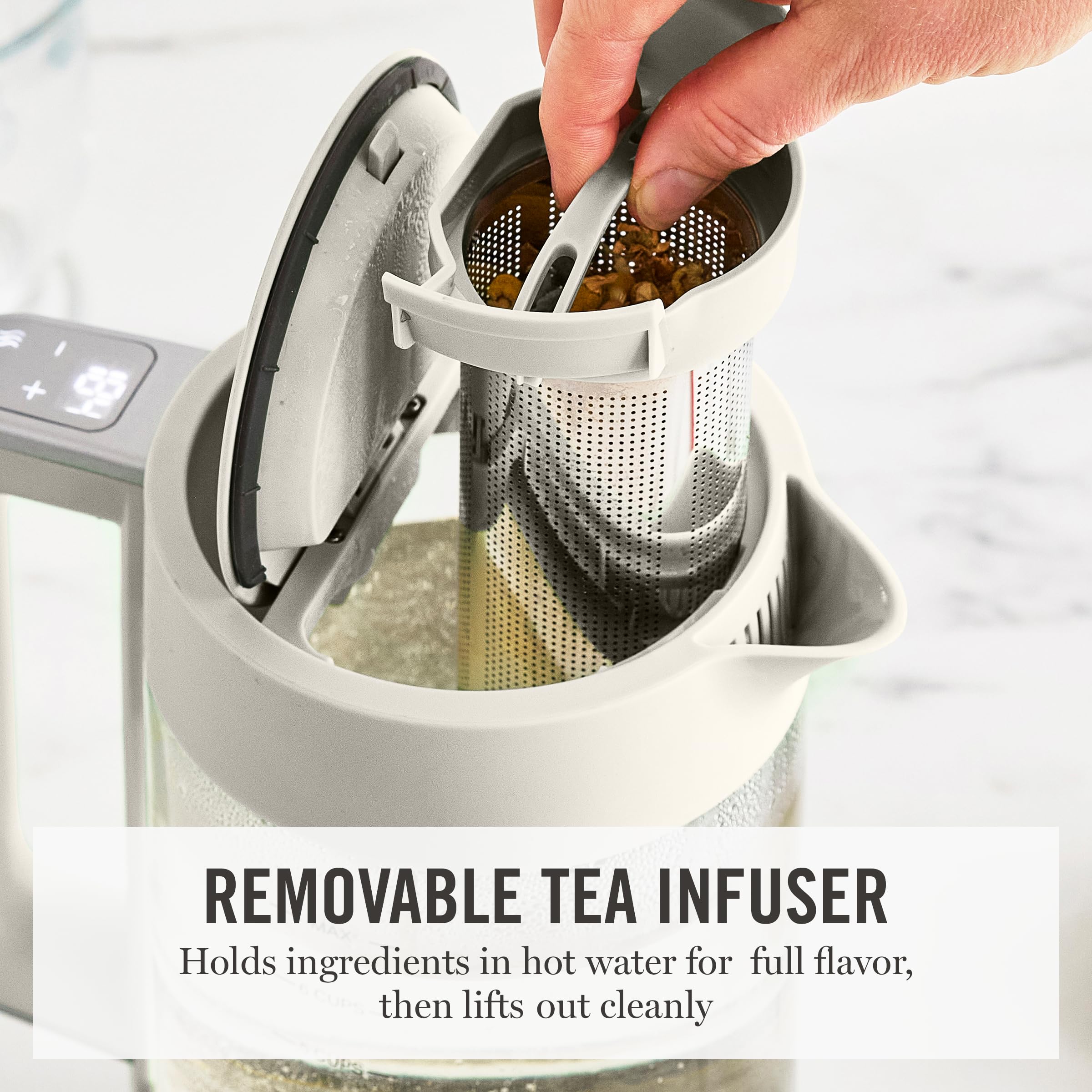 Martha Stewart  Electric Kettle with Removable Stainless Steel Tea Infuser, Glass Carafe 1.7L (7 Cups), Hot Water Boiler, 4 Presets, Keep Warm & Auto Shut-Off, Cordless 360° Swivel Base, Linen White - 5