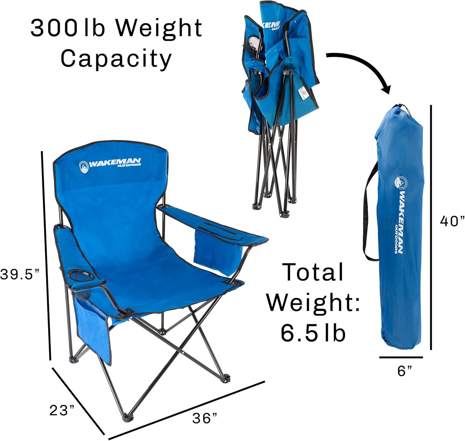 Wakeman Oversized Camp Chair-300lb Capacity Big Tall Quad Seat with Cup Holder, Cooler, Carry Bag for Tailgating, Camping, Fishing Outdoors (Blue)