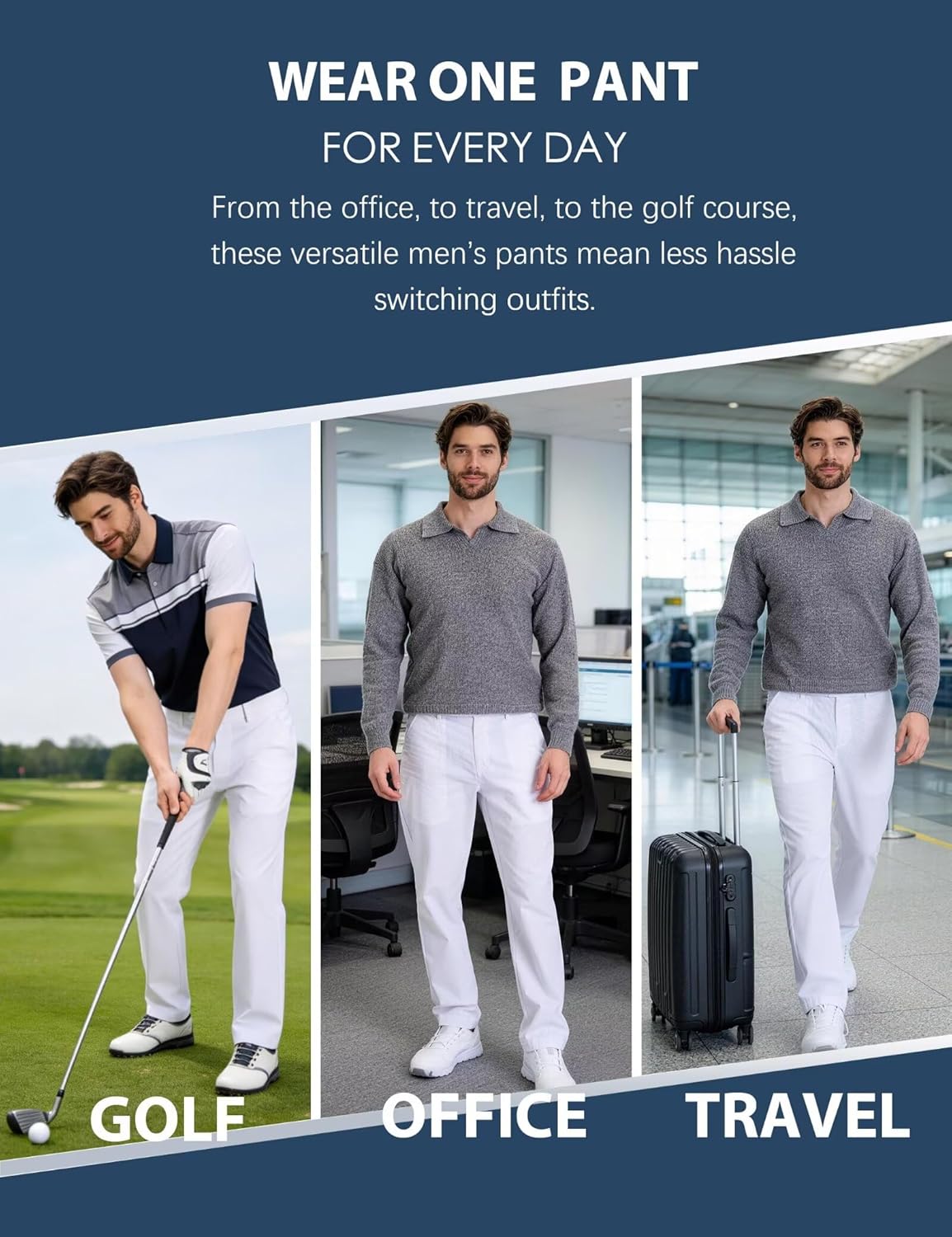 Mens Golf Pants Stretch Work Dress 30"/32" Water-Resistant Quick Dry Chinos Trousers with Pockets for Business Travel