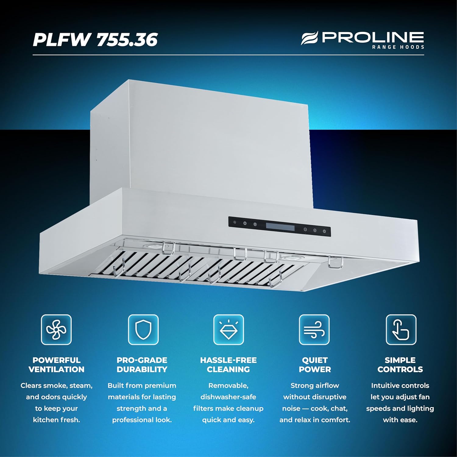 PROLINE 36-Inch Wall Range Hood, CFM 1100, Stainless Steel, LCD Touch Sensitive Control, ULTRA-QUIET Blower Motor, 4 Speed, 3-Year Warranty, PLFW 755.36, Kitchen Hood