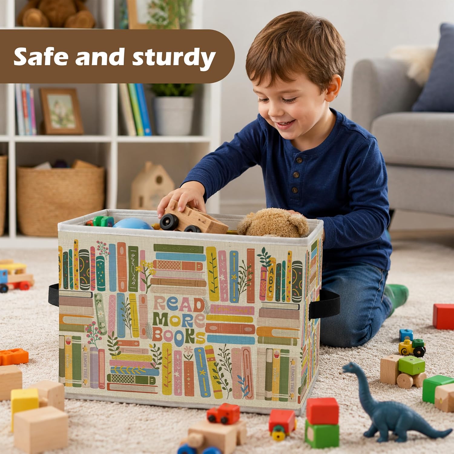 Colorful Book Storage Bin Box with Handles, Reading Librarian Bookworm Bookish Gifts, Books Foldable Organizer Basket Toybox for Reading Nook Library Classroom Kids Room image 3