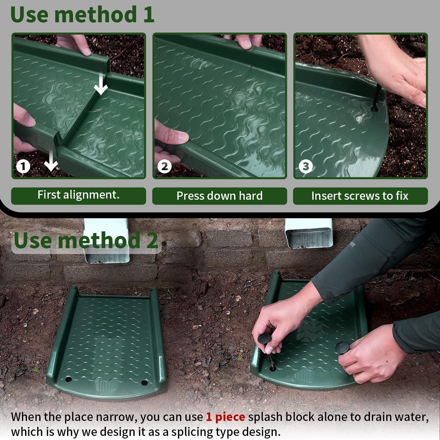 NAACOO 2 Pack Downspout Splash Block, 24" Rain Gutter Downspout Extensions/Extender with 4pc Fixing Nails, Drainage to Protect House Foundations(4 Piece|Dark Green)