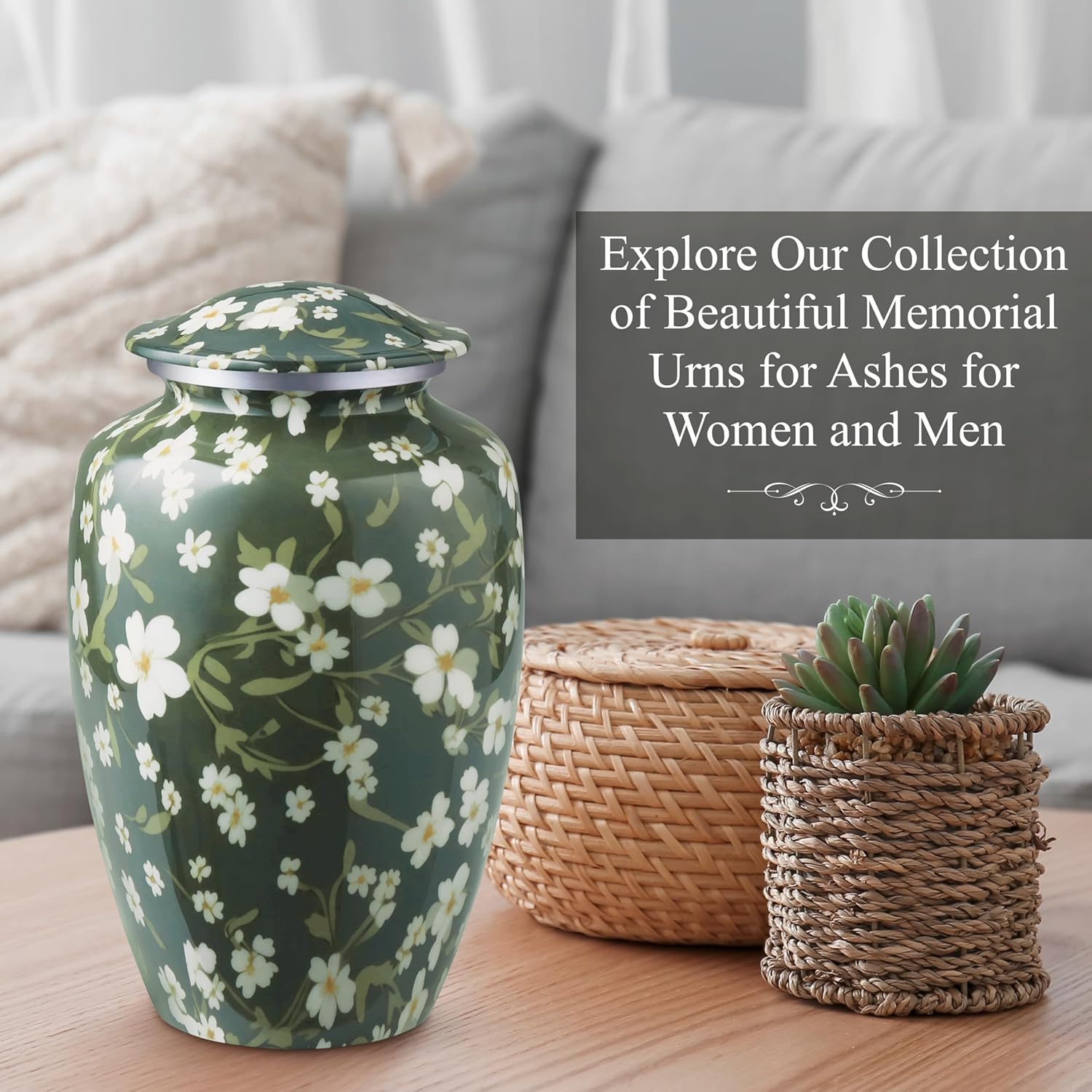 Cremation Urn for Ashes for Women with White Floral Design - 200 cu in Funeral Urns for Men and Women, Decorative Urns for Human Ashes Adult Female