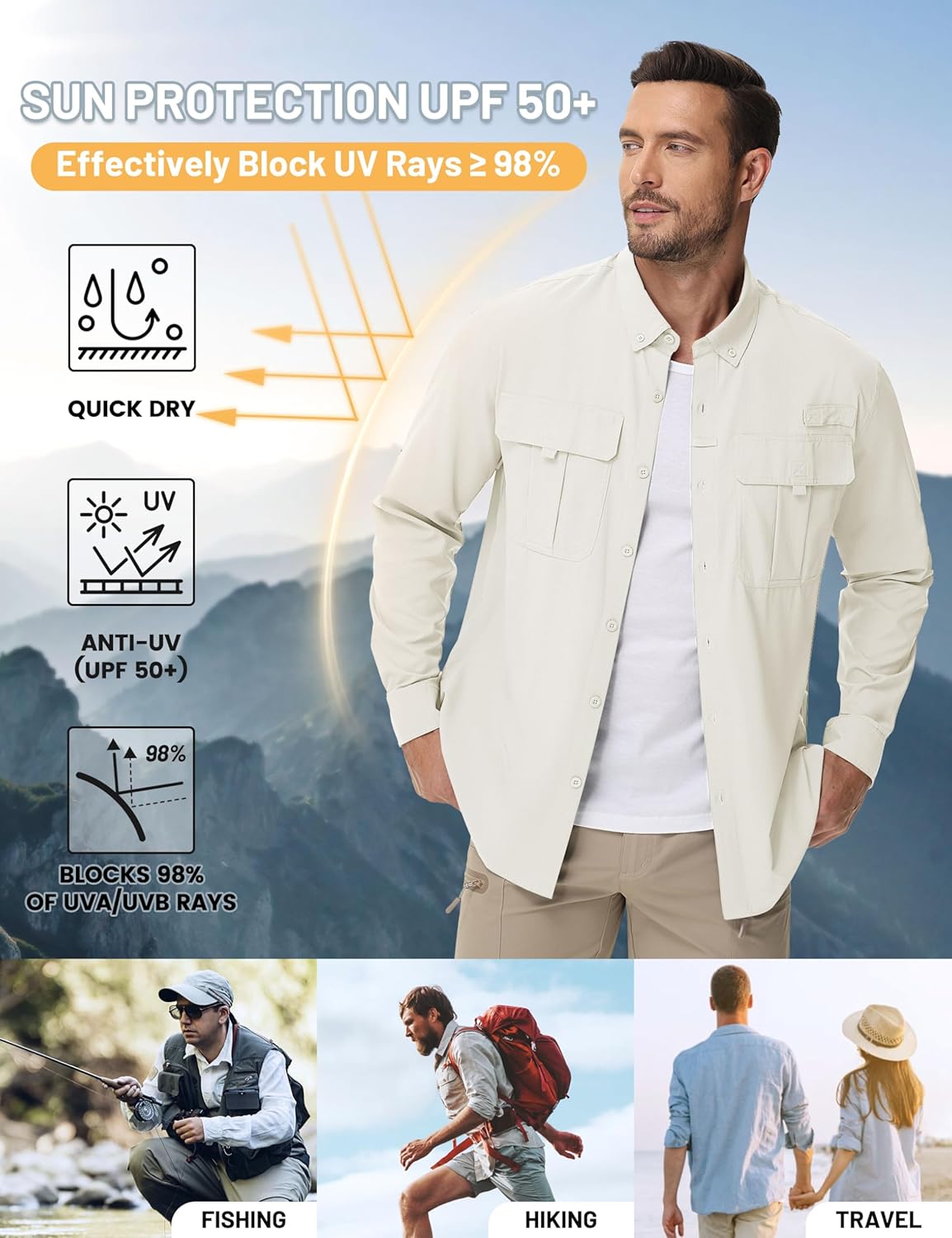 TACVASEN Mens Long Sleeve Sun Protection Shirt UPF 50+ Quick Dry Fishing Cooling UV Shirts Outdoor Tactical Hiking Shirts