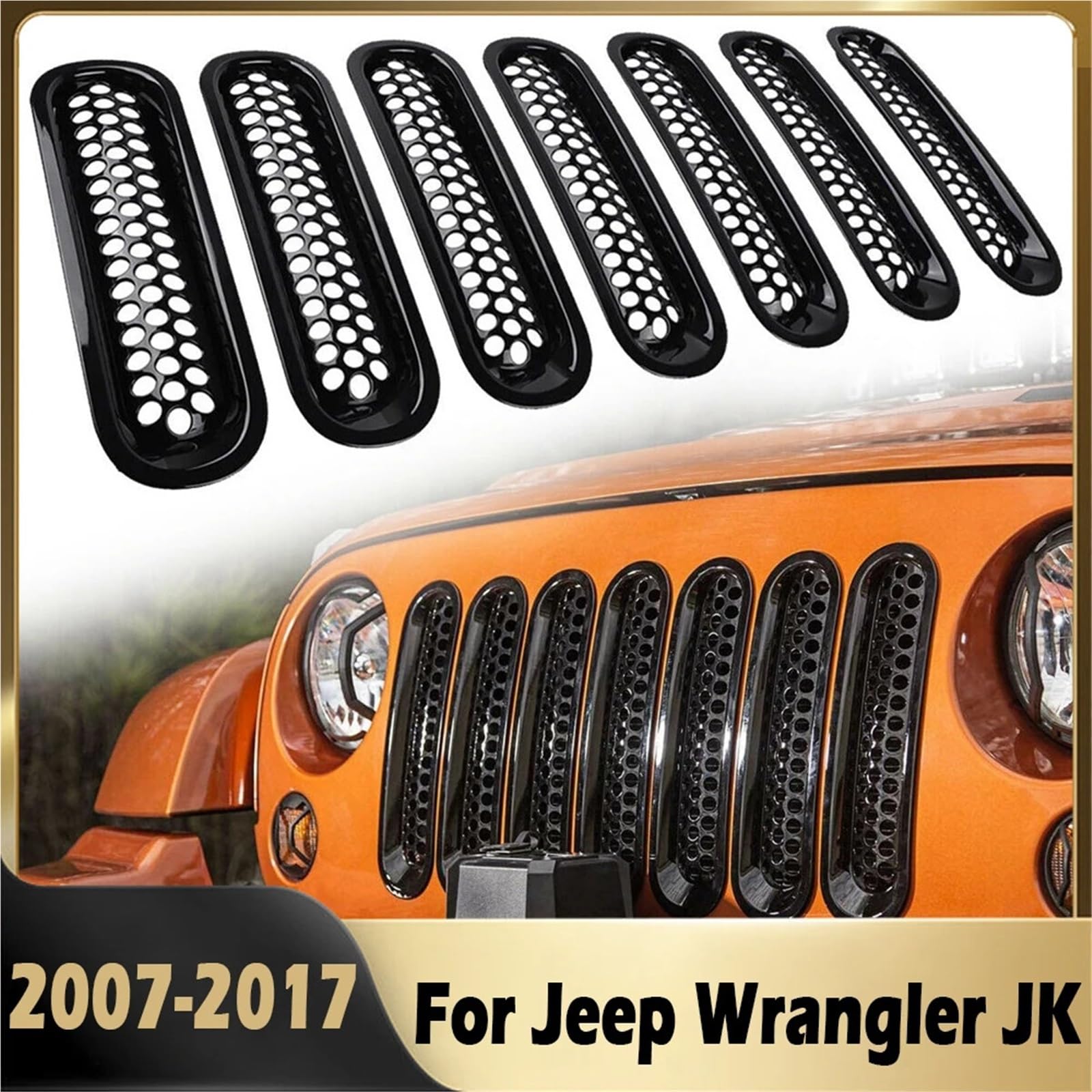przód kratki chłodnicy Do Jeep Wrangler JK 2007-2017 Błyszczący czarny przedni grill Siatka Wkładka Osłona grilla Naklejki ochronne 7 SZT./ZESTAW(Glossy Black)