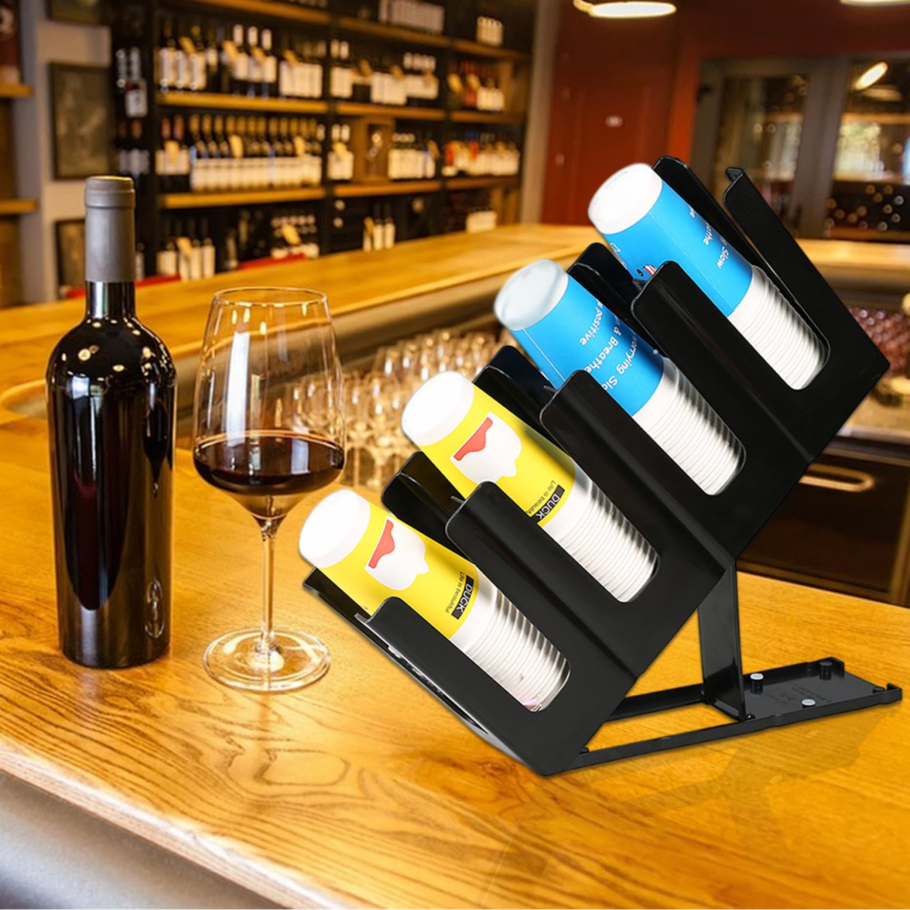 Portavasos de papel 18x5x9.5 Portavasos desechables de plástico negro con 4 compartimentos con base ajustable para ajuste de altura para restaurante, oficina, habitación de invitados, cafetería