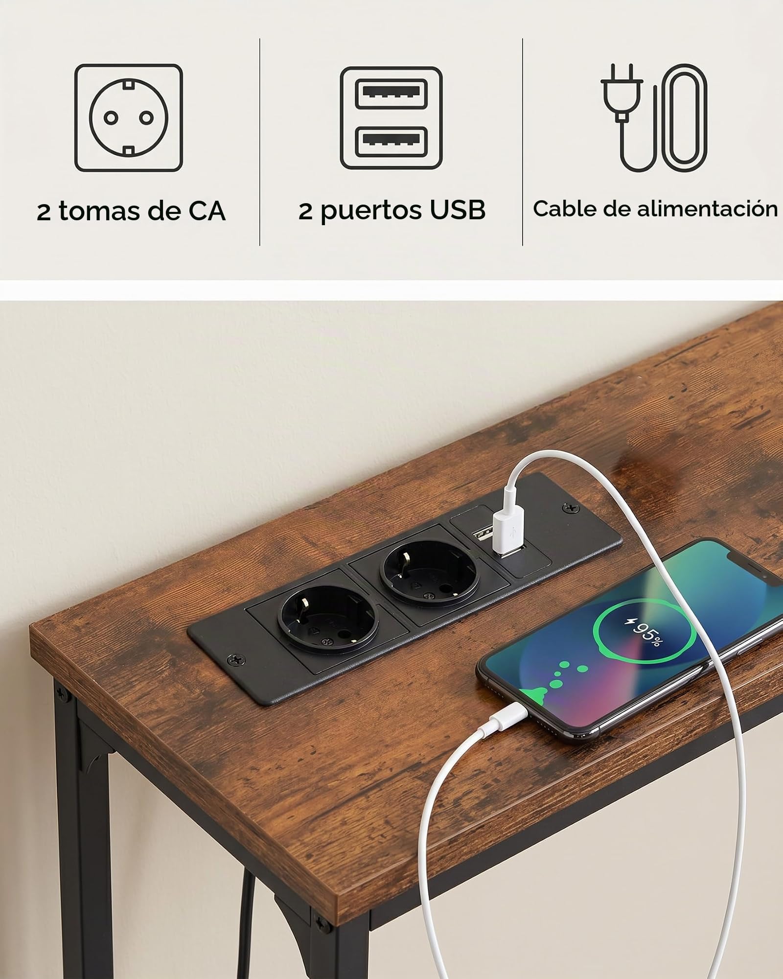 Consola Recibidor Madera 20 cm Fondo, Recibidores de Entrada, Mueble Recibidor Entrada, Mesa Alta de Estilo Industrial con 2 enchufes y 2 interfaces USB