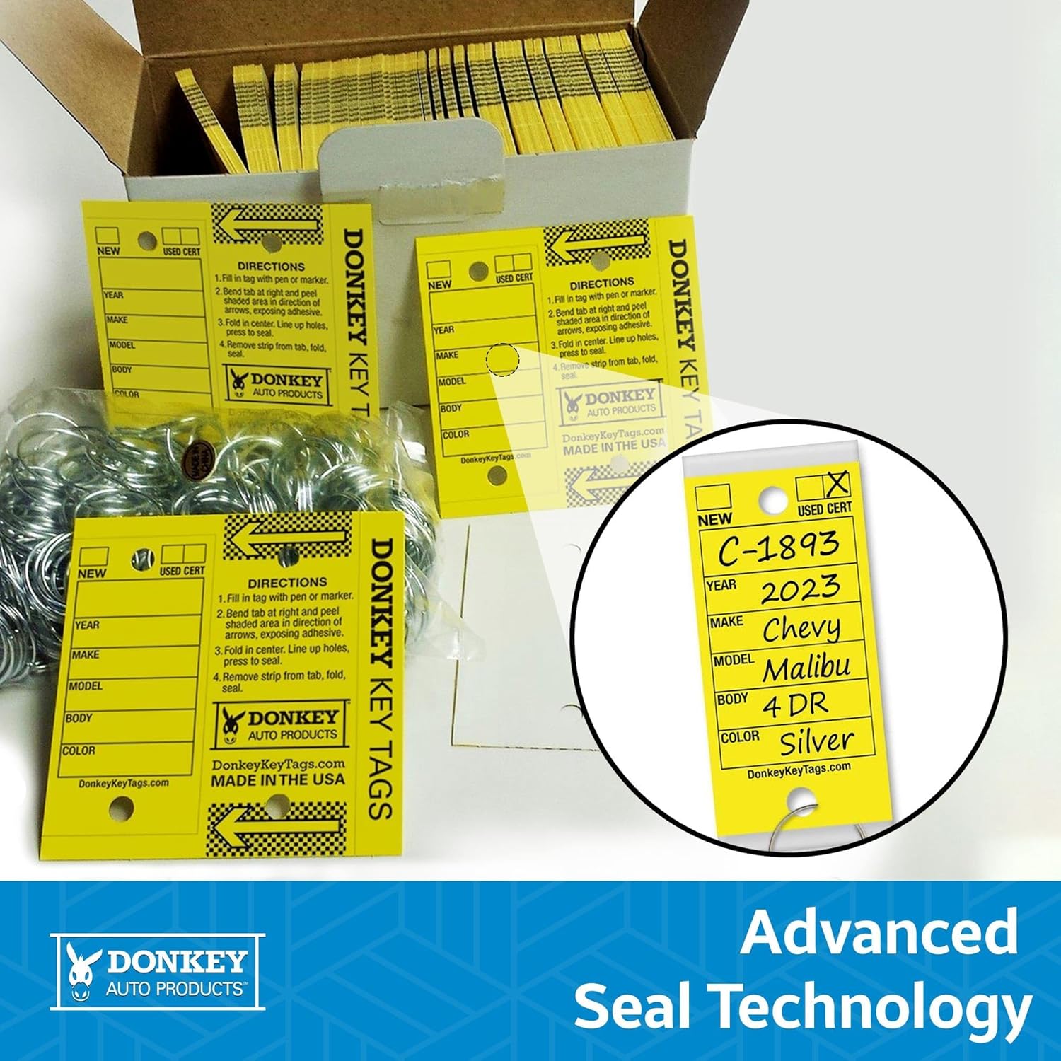 Donkey Key Tags, Laminated Self-Protecting (250 Tags Per Box with Metal Rings) (Yellow)