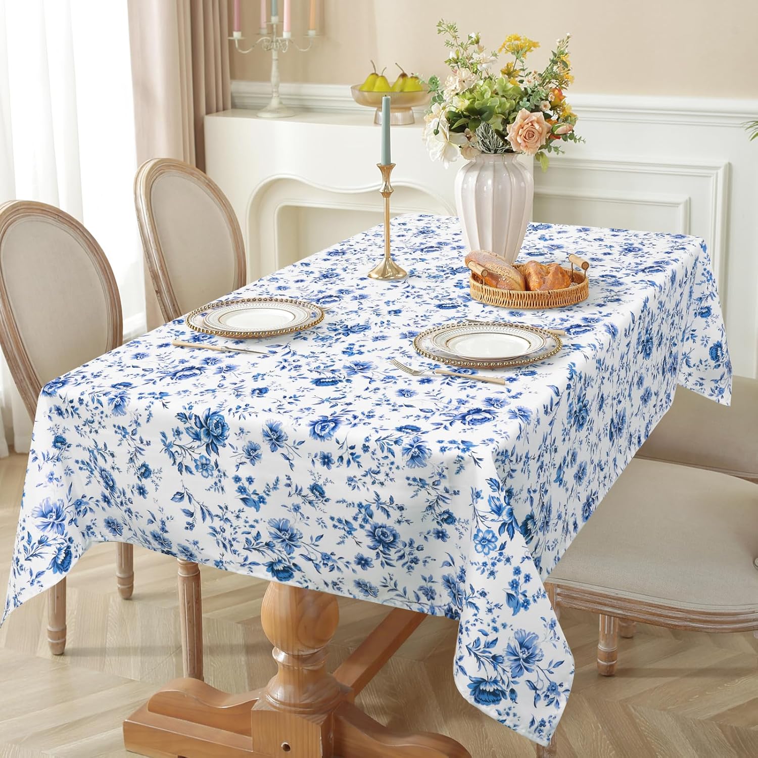 Watercolor Blue Floral Tablecloth Waterproof, Rose Flower Rectangle Table Cloth, Washable Table Cover for Kitchen Dining Party Decor (60×84 Inch) - Image 5