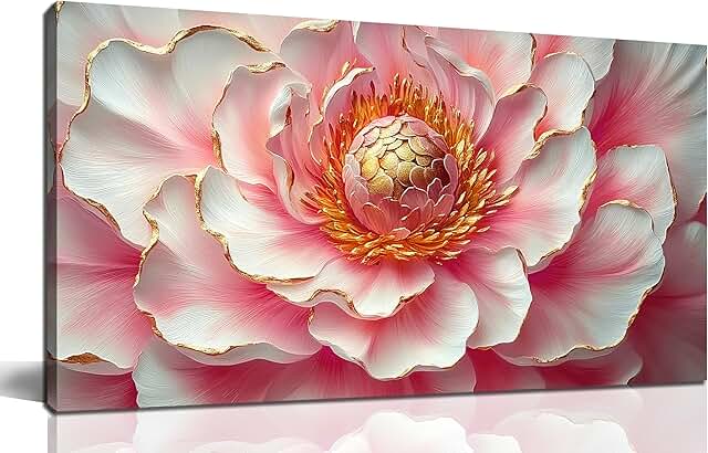 Pink & White Peony Floral Canvas Wall Art with Gold Accents, Abstract Fl...