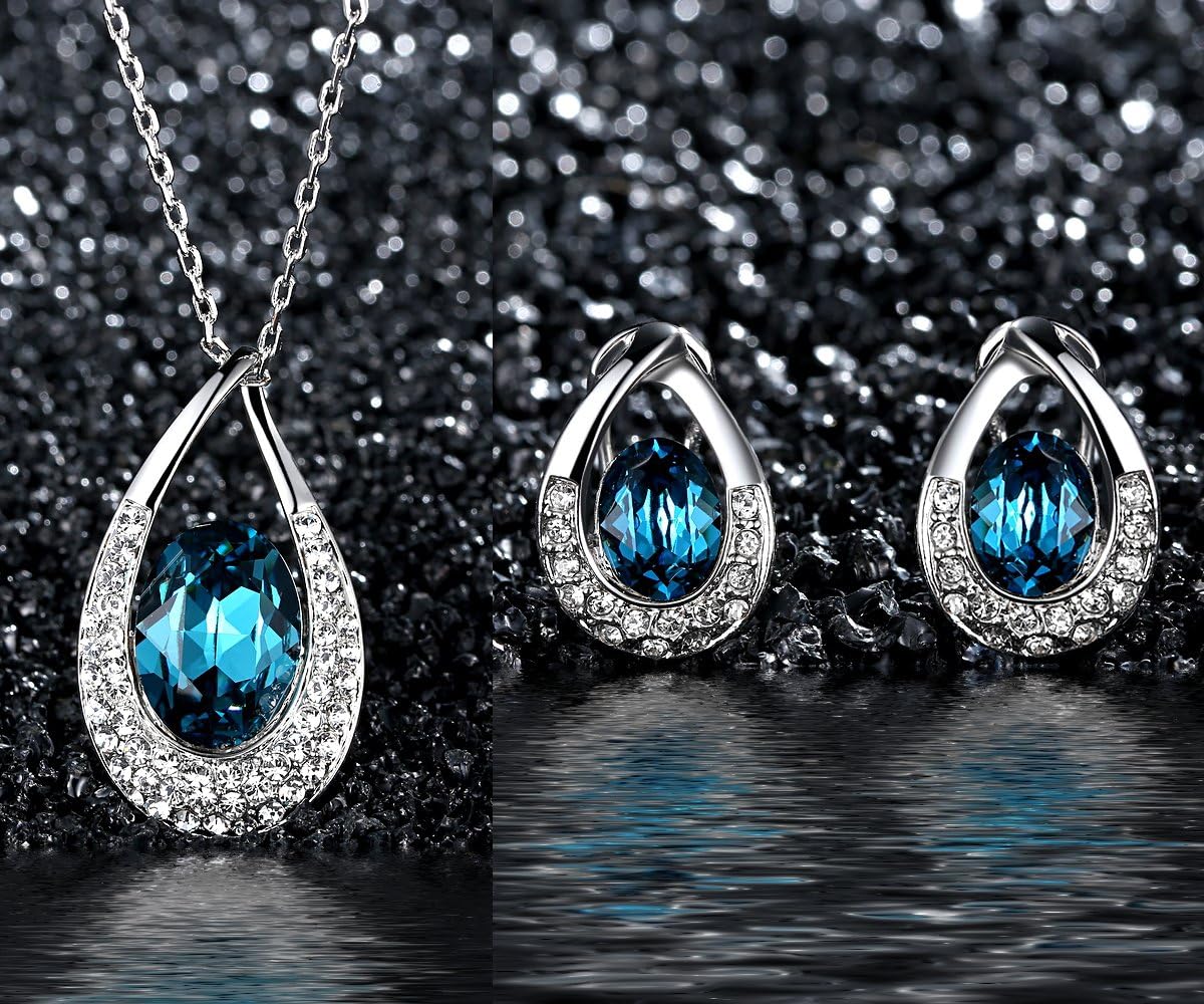 [Presented by Miss New York] Leafael "Angel's Teardrop" Made with Premium Crystals Blue Zircon Jewelry Set Earrings Necklace, 18" +2", Nickel/Lead/Allergy Free, Luxury Gift Box