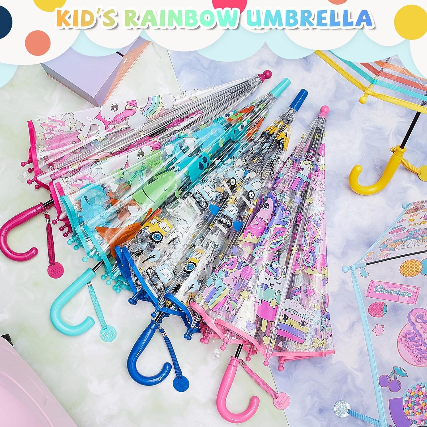 Silkfly 6 Pack Kids Clear Bubble Umbrella, Unicorn and Dinosaur Transparent Rainbow Dome with Easy Grip Handle for Toddler Girls and Boys, Easter Basket Stuffer Gift