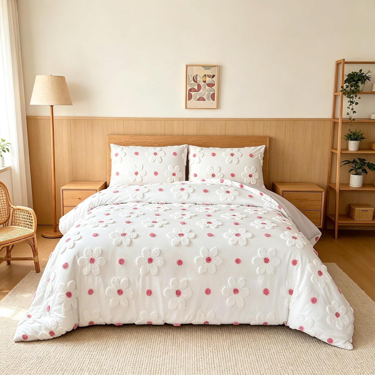 Girls Twin Bedding Set - Pink Grey Tufted Floral Comforter Set with 3D Daisy Embroidery, Soft All Season Twin Bed in a Bag for Girls Bedroom Decor, Machine Washable