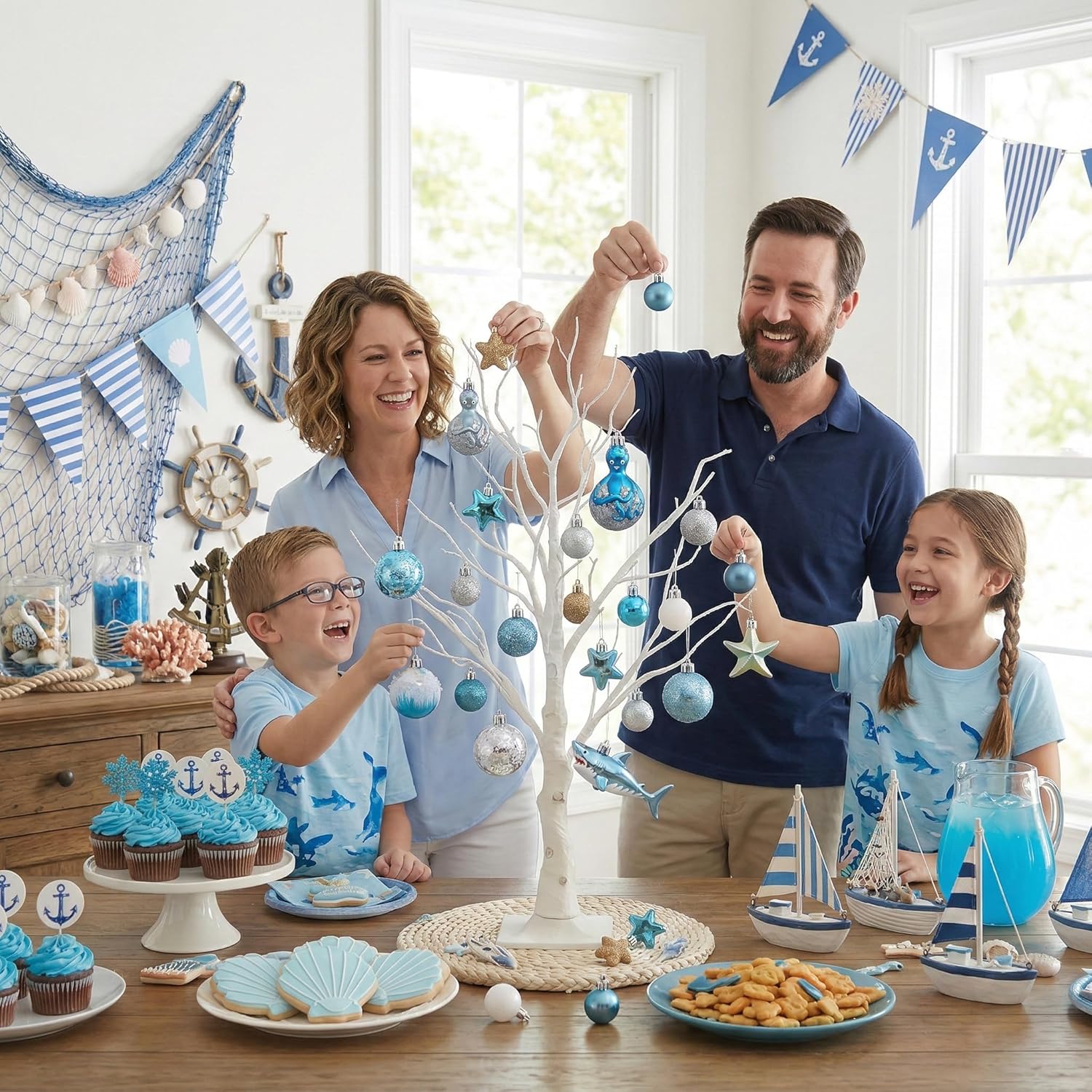 Valery Madelyn Summer Tree Ornaments 45ct Shatterproof Nautical Beach Decor Nautical Ocean-Themed Coastal Christmas in July Tree Decorations, Starfish, Octopus and Shark for Tropical Party