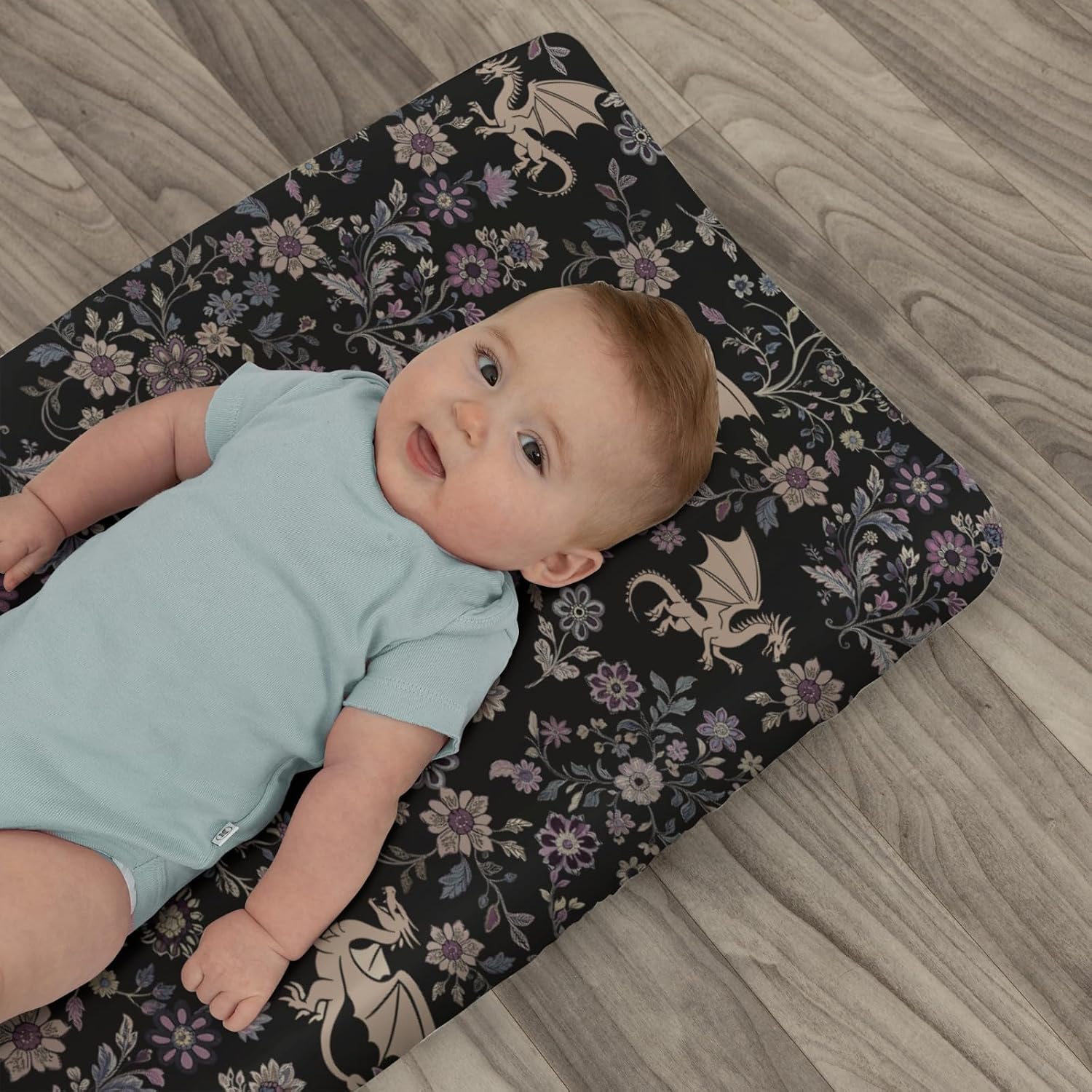 Fantasy Floral Dragons Changing Pad Covers for Baby Girls Boys Fairytale Dragon Gothic Black Purple Flowers Fitted Changing Table Cover Mats Myth Animal Soft Diaper Changing Table Sheets 32''×16''