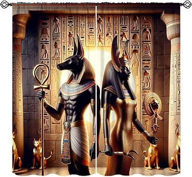 Vintage Egyptian Temple Pharaoh Curtains,Abstract Ancient Egyptian Anubis Mythological Hieroglyphics Decor Rod Pocket Window Treatments for Bedroom Living Kitchen Cafe Drapes 41" W X 45" L