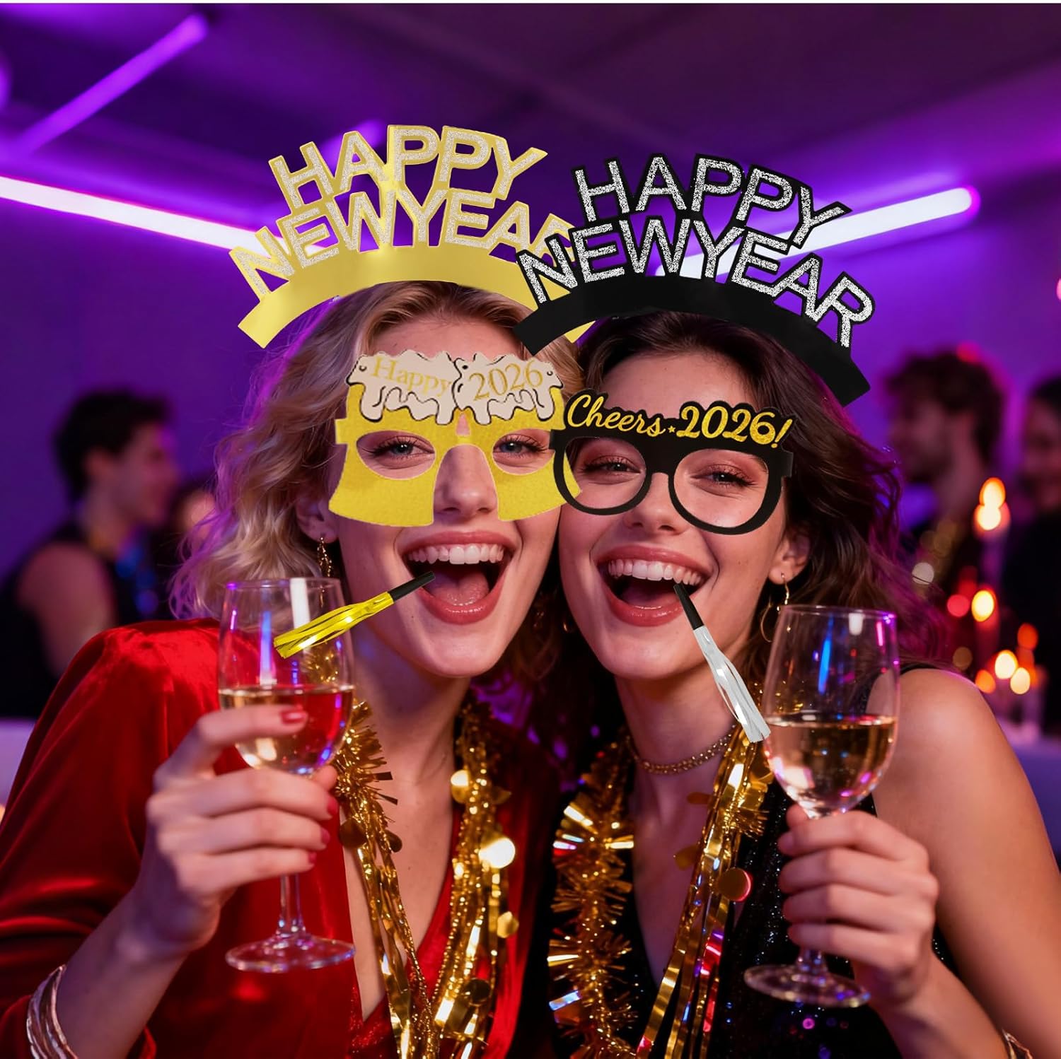 36Pcs New Years Eve Party Supplies 2026 Happy New Year Headband Tiara Glasses Metallic Fringed Noise Makers 2026 for Adults - Image 6