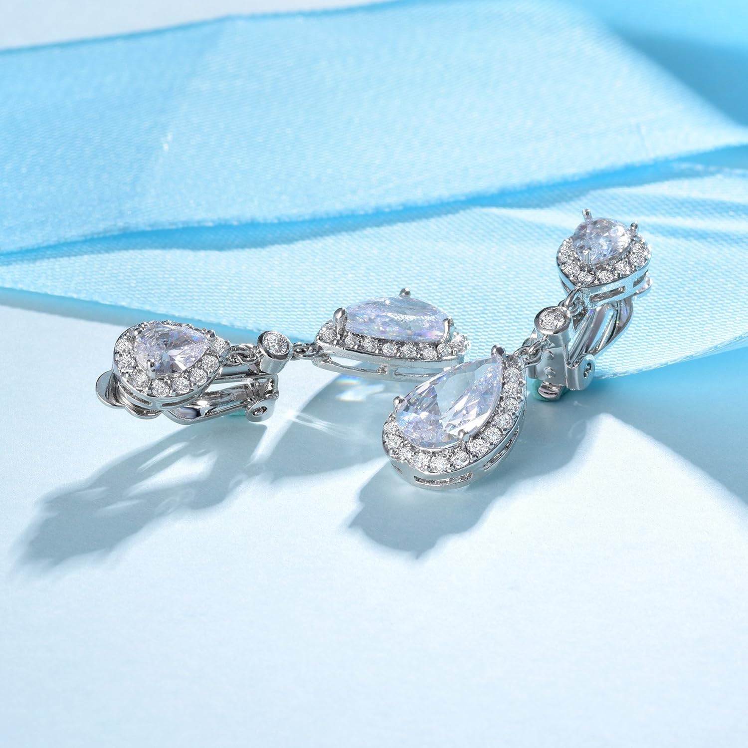 SELOVO Cubic Zirconia Wedding Bridal Clip on Teardrop Drop Earrings for Women Silver Tone - Image 5