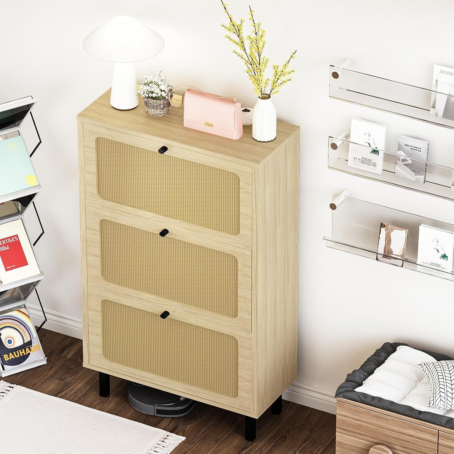MIERES Shoe Cabinet with 3 Flip Drawers, Narrow Shoe Rack with Adjustable or Removable Shelf, Freestanding Organizer with Metal Legs, Natural Rattan Shoe Storage Cabinet for Entryway, Foyer, Hallways