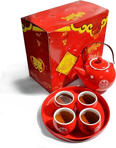Miniatura 2 de Chinese Tea Gift Set Service Porcelain Tea Pot 4 Cups tray for Adults Men Women Tea Ceremony Wedding Party Home Decor (Double Happiness)