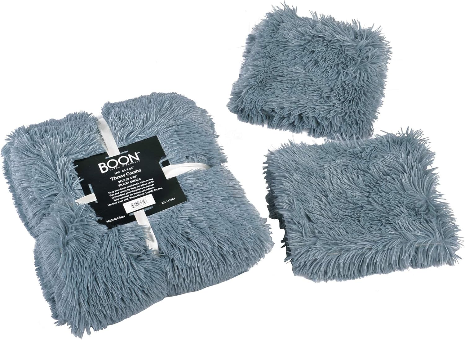 Home Soft Things 3 Piece Shaggy Throw Blanket Pillow Covers Set Fluffy Warm Cozy Plush Decorative Throw Square Couch Cushion Cover, Silver Blue, 60'' x 80''