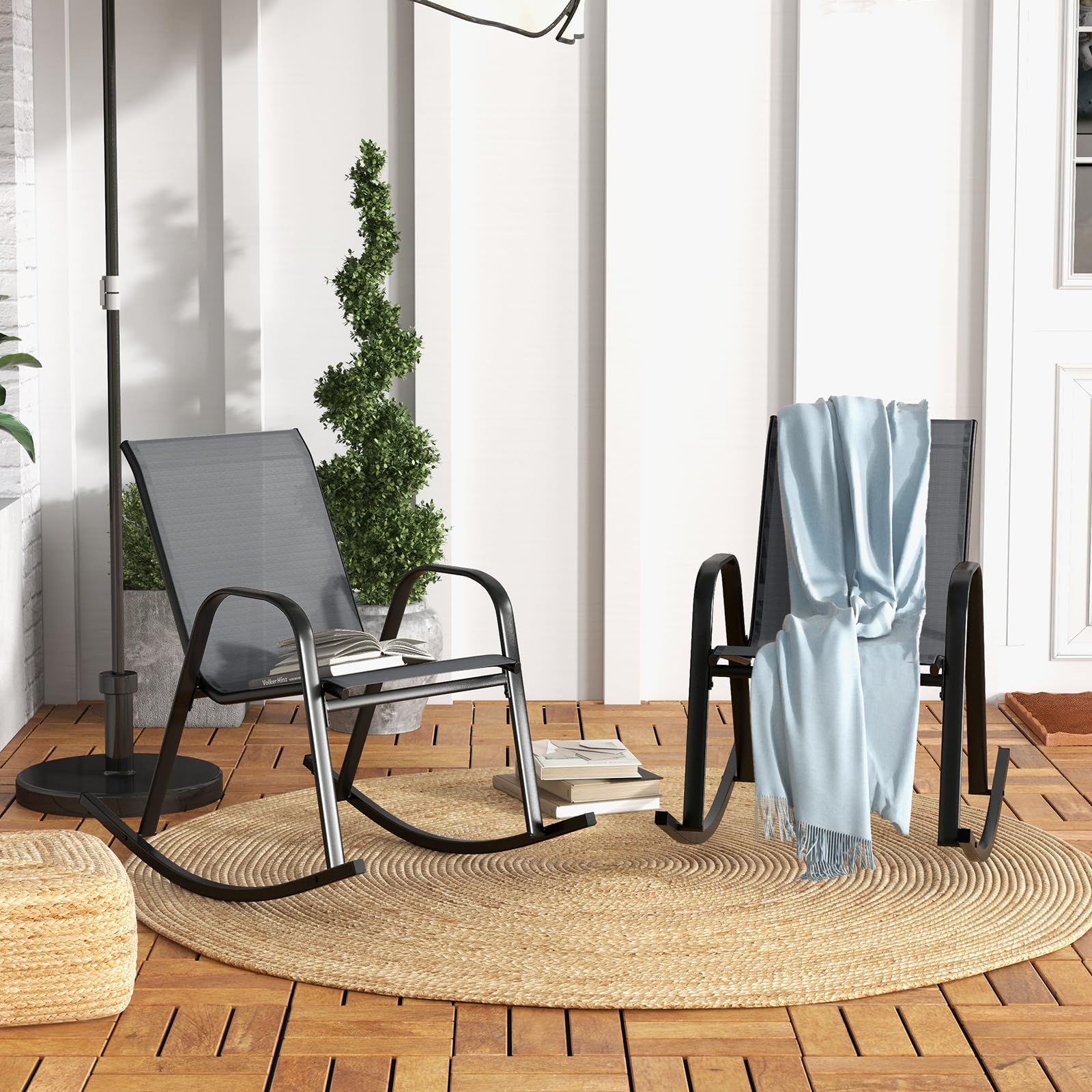GOPLUS Schaukelstuhl 2er Set, Gartenstuhl atmungsaktiv mit ergonomischer Rücklehne & Armlehne, Balkonstuhl bis zu 150kg, Verandaschaukelstuhl Terassenstuhl für Garten Veranda Pool (Grau)