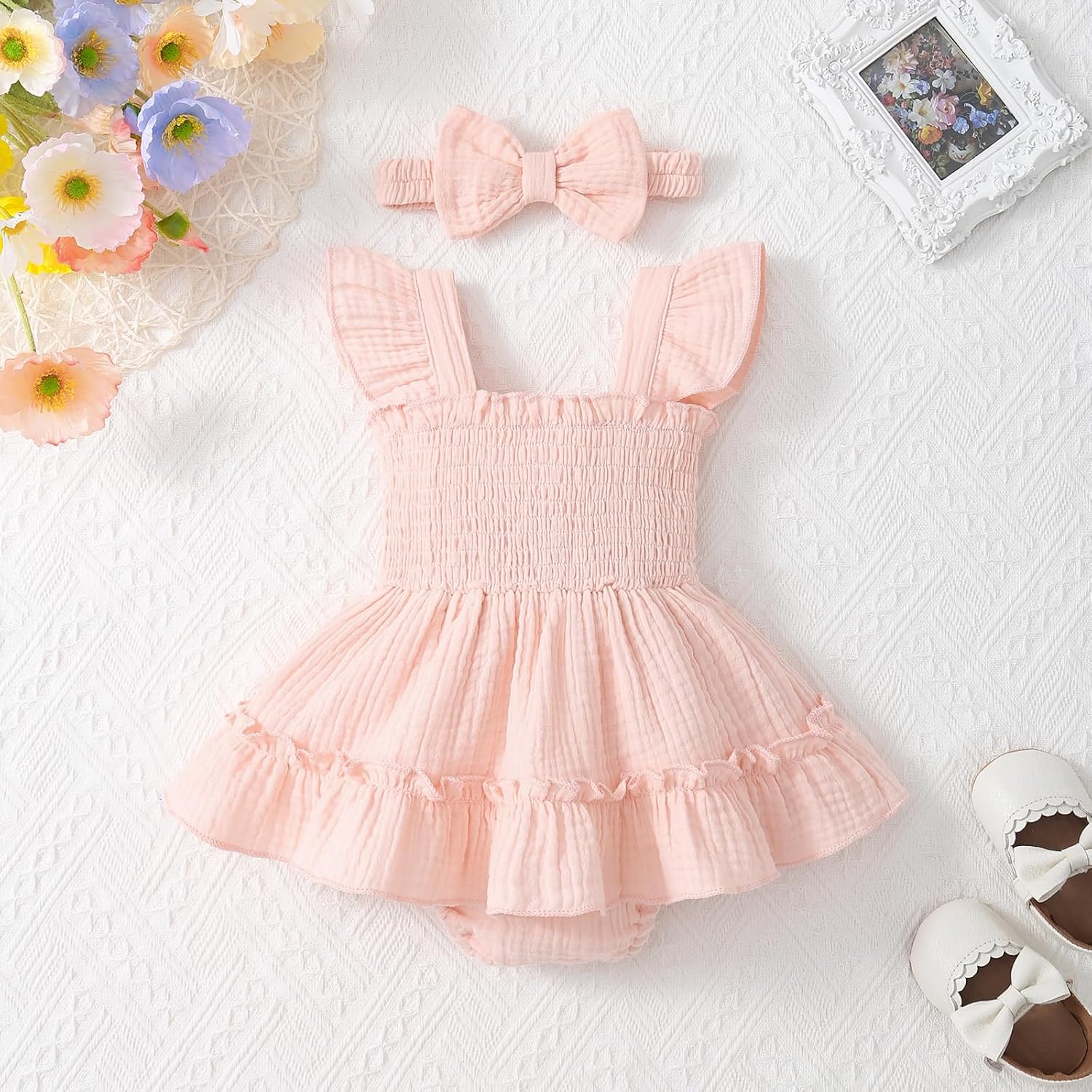 Baby Girl Summer Romper Dress Cotton Sleeveless Smocked Rompers Sun Dress Jumpsuit with Bow Headband