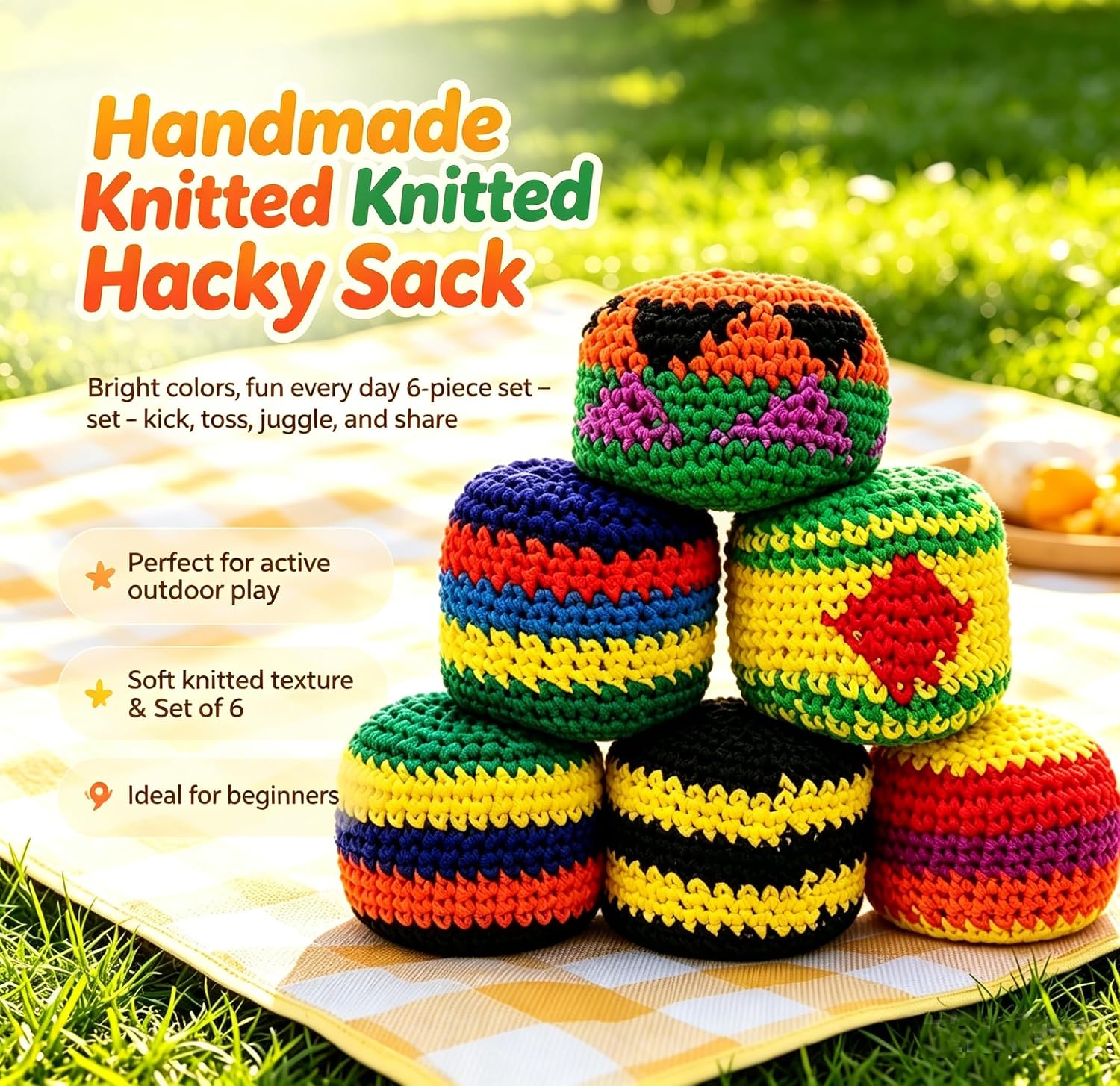 Hand-Made Knitted Footbag,6/12/24PCS Crochet Footbags,Assorted Foot Bag Crochet Ball for Adults,Juggling Balls for Beginners,Multicolored Geometric Pattern,Boost Coordination & Fun