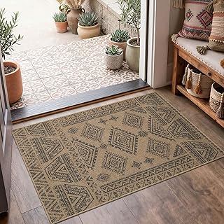 jinchan 2x3 Faux Jute Area Rug Washable Boho Entryway Rug, Natural Charcoal | Southwestern Geometric, Non-Slip, Low Pile, Indoor Outdoor, High-Traffic, Kitchen, Bathroom, Laundry Room, Porch, Balcony