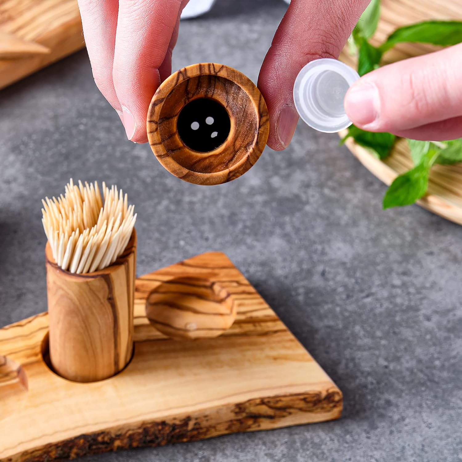 CRYSTALIA Olive Wood Salt, Pepper Shaker Toothpick Holder Set with a Unique Base, Handmade Round Tall Wooden Shakers, Rustic Pepper Holder & Salt Container, Modern Table Décor Set with Retro Stoppers
