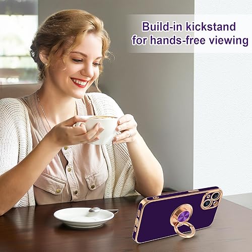 Miniatura 6 de Hython Funda para iPhone 15 Plus con soporte de anillo, soporte de anillo giratorio de 360, soporte magnético, chapado en oro rosa, cubierta suave,