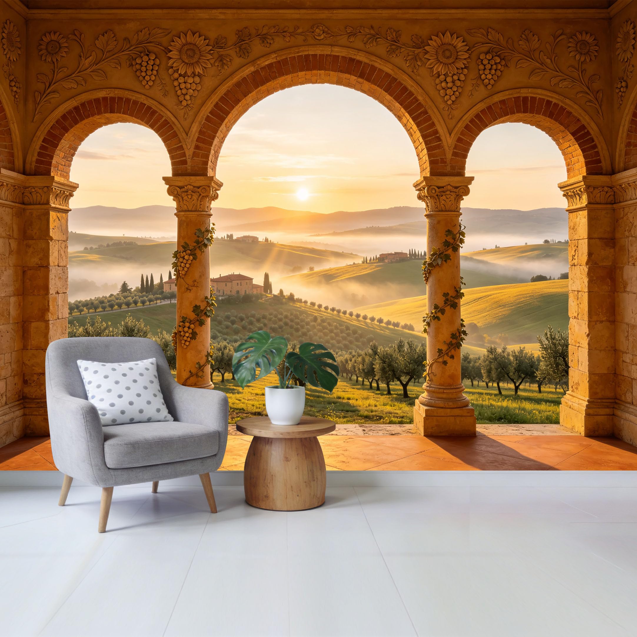 Removable Self Adhesive Fabric Mural， Tuscan Landscape Sunrise Archway Custom Size Wall Covering， UV Protected Waterproof Washable Wall Decor for Living Room Bedroom Bathroom