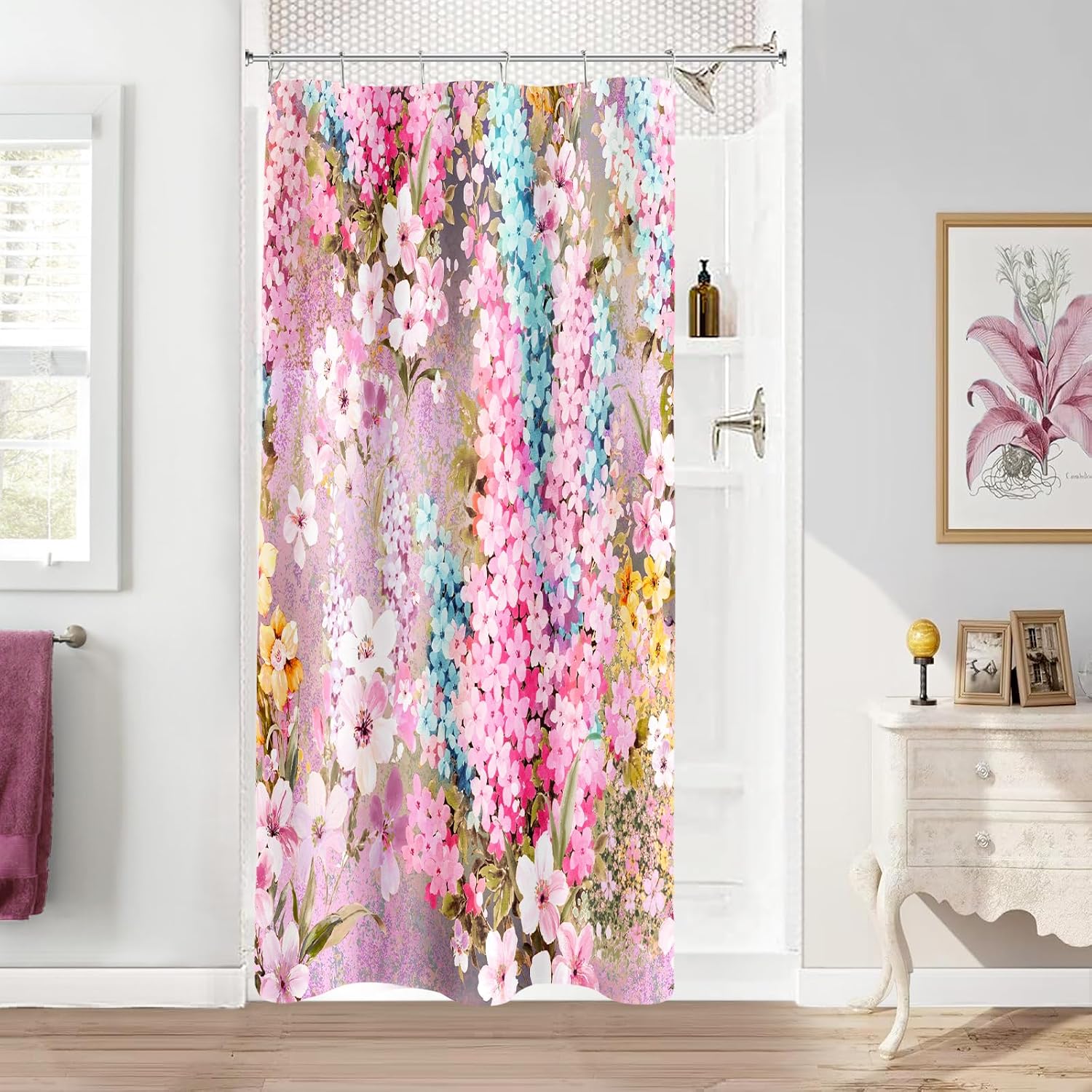 Extra Long Shower Curtain 72 x 96 Inch, Floor to Ceiling X-Long Blush Purple Floral Shower Curtain, Pretty Funky Watercolor Colorful Flower Fabric Bathroom Shower Curtain Set with Hooks