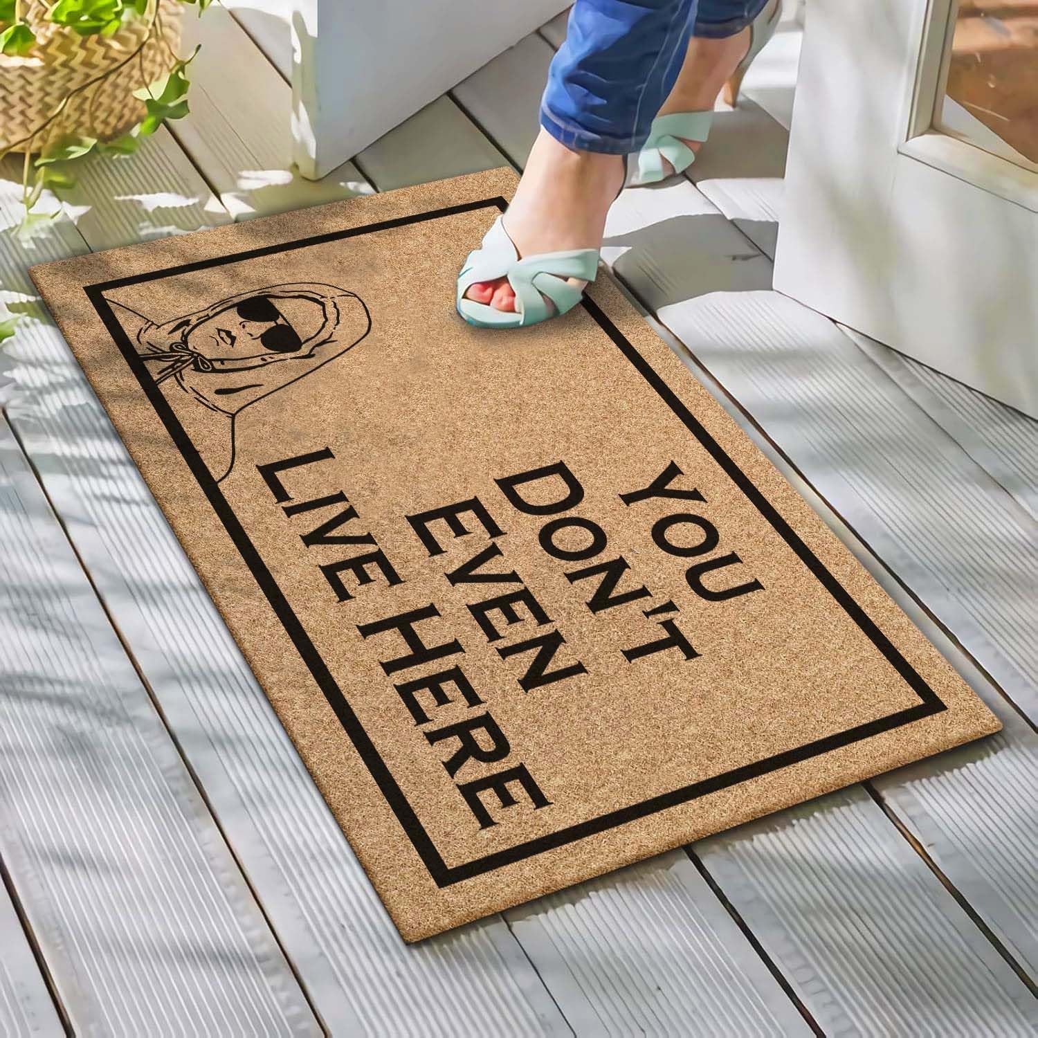 Welcome Door Mat You She Don't Even Live Here Outdoor Indoor Entrance, Low-Profile Floor Mats Non Slip Durable Entrance Rugs for Entry, Patio, High Traffic Areas Front Door, 17" x 29.5"