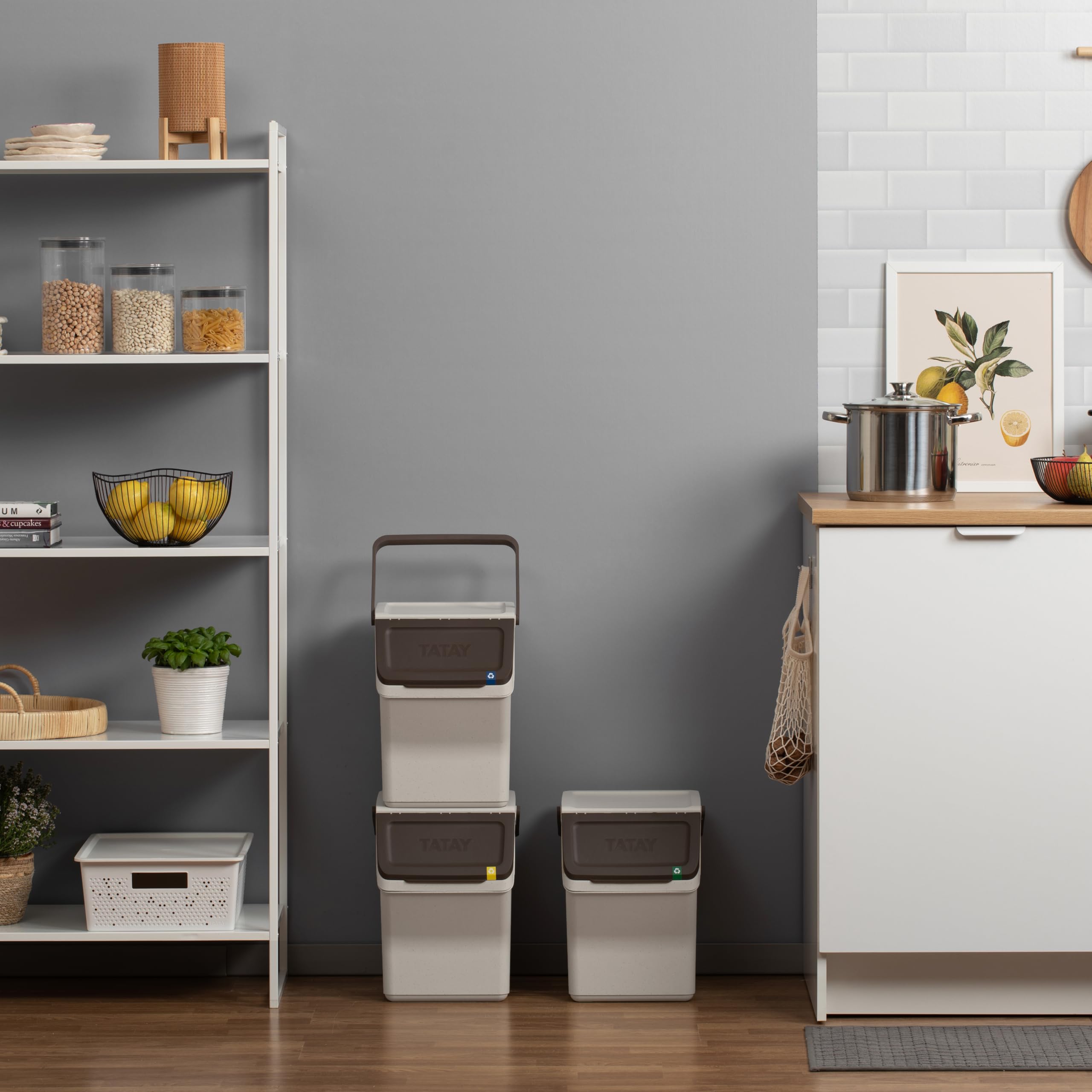TATAY Mülltrennsystem Easy Waste 3-teiliges Set Integrierter Tragegriff | Mülltrennsystem Haushalt | Volumen 20 L | 35x27x36 cm | Modulares Design | 3er Set Recycling Behälter | Modular und stapelbar