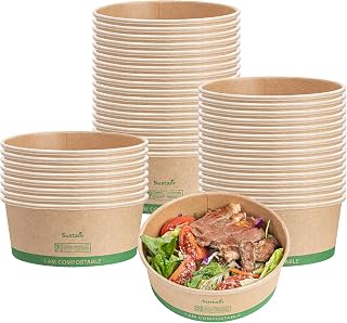 Restaurantware Paper Food Containers 50 Pack Of 17 oz Disposable Round Kraft Salad Bowls Sustainable Stackable Greaseproof Meal Prep Take Out Containers For Ice Creams, Soups, Snacks And Desserts