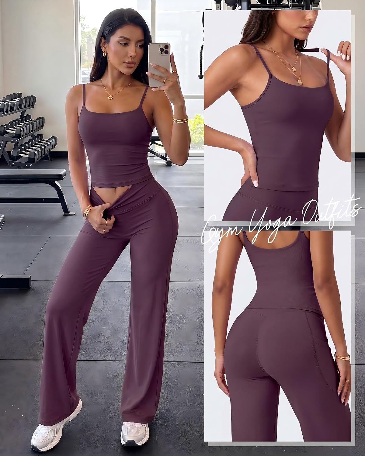 Coume Womens 2 Piece Workout Set Padded Spaghetti Strap Crop Top Straight Wide Leg Pants with Pocket Gym Yoga Pilates Outfits