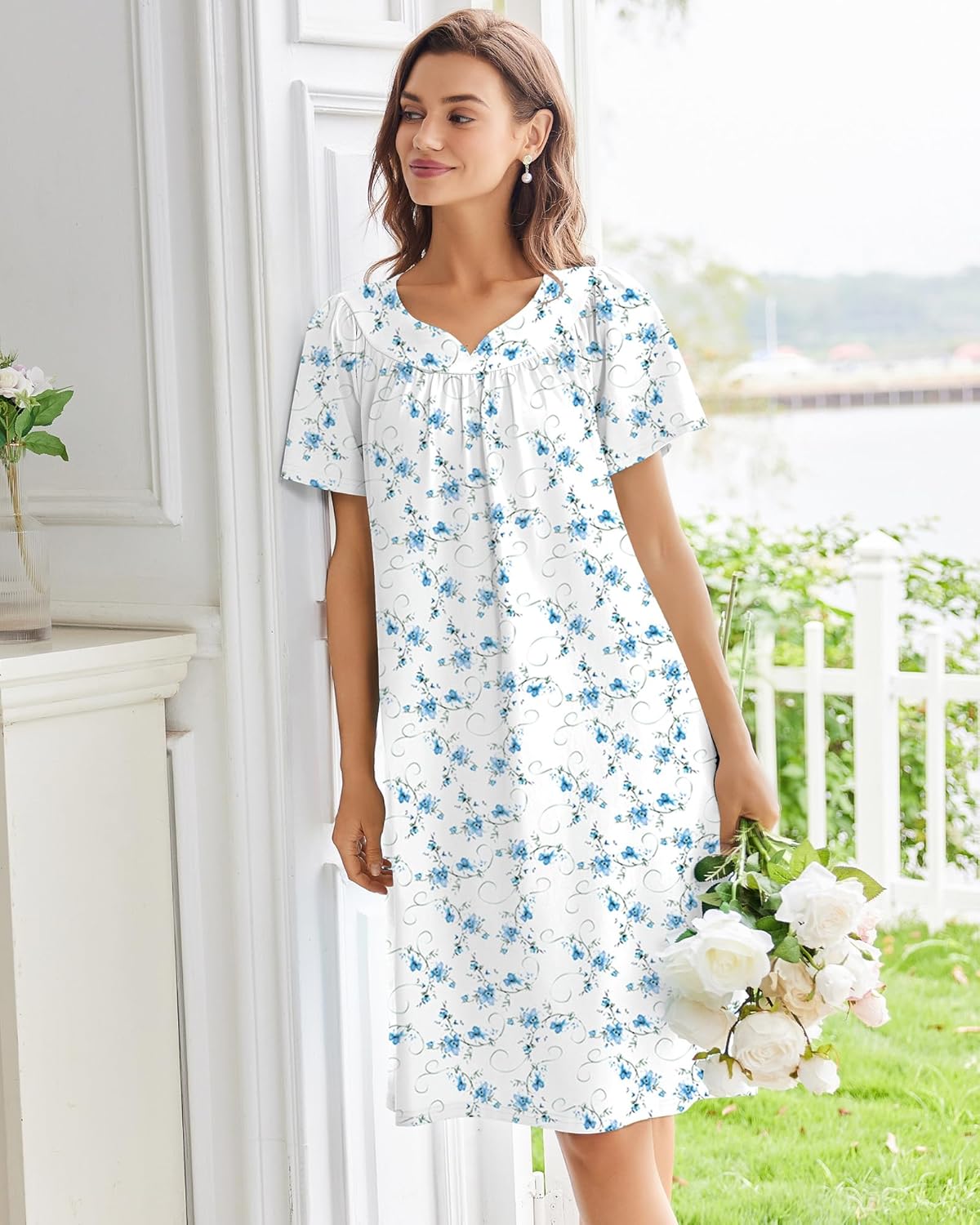 Ekouaer Nightgowns for Women Cotton Nightgown House Dress with Pockets Short Sleeve Mumu Dress Embroidered Lounge Dress - Image 5