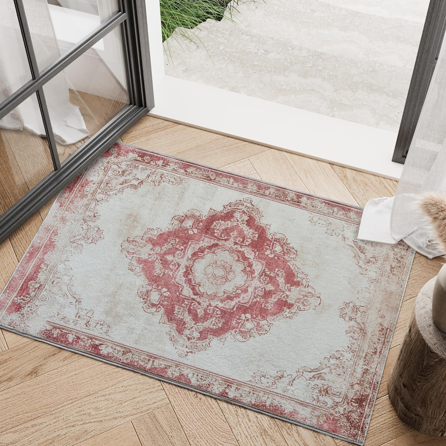 Green Boho Area Rug 3x5 Mid Century Modern Carpet Washable Door Mat Low Pile Indoor Outdoor Floor Rugs Tropical Leaves Soft Non Slip Rug for Entryway Bathroom Bedroom Beside Kitchen Home Decor 3'x5'