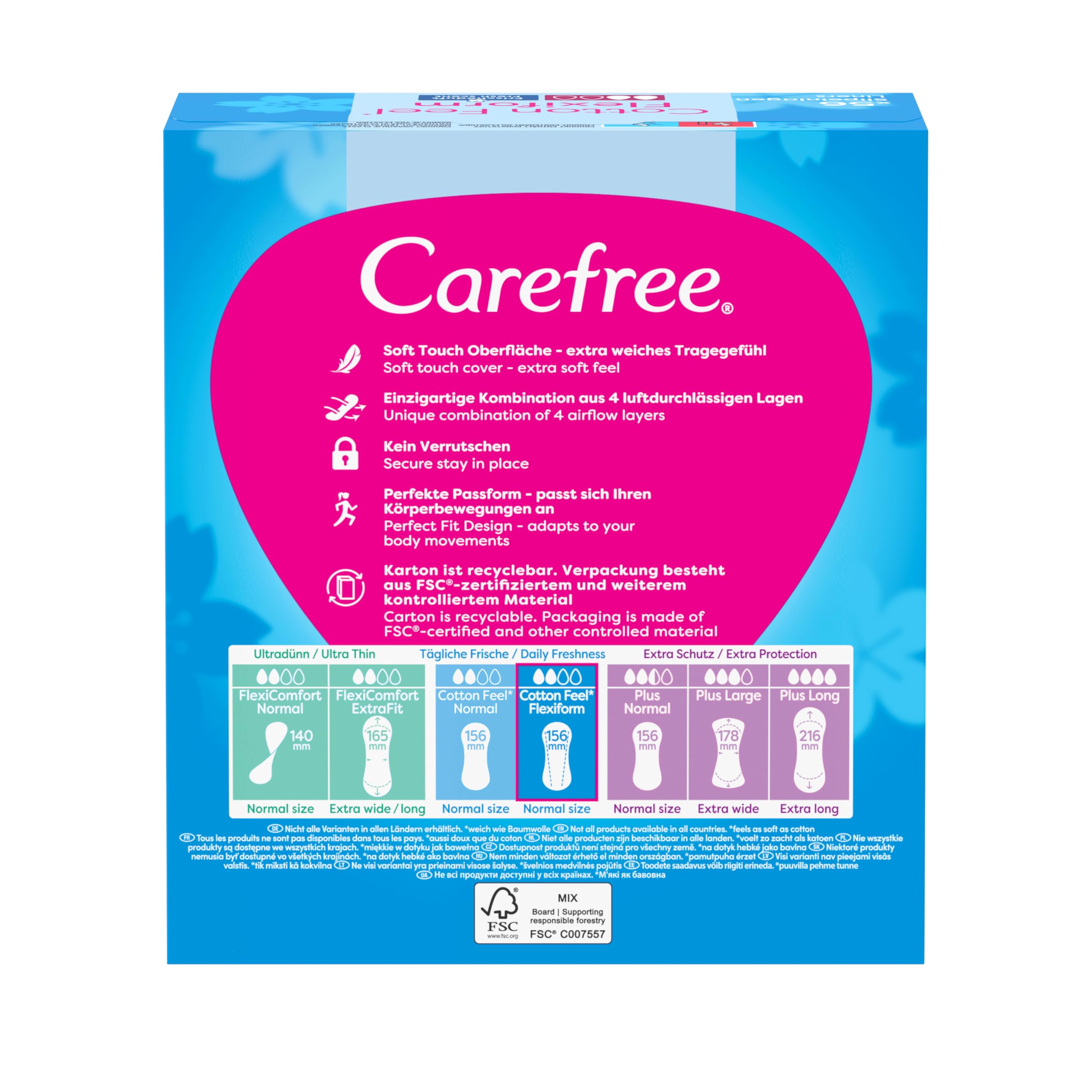 Carefree Cotton Flexi Form Fresh Zestaw 5x56 szt. Uniwersalne wkładki higieniczne do każdego rodzaju bielizny. Z ekstraktem z bawełny. Zapewniają długotrwałe uczucie suchości. O świeżym zapachu.