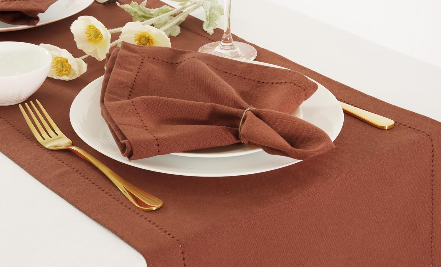 PurpleEssences Hemstitch - Cloth Napkins (18 x 18 Inch Set of 12) and Table Runner (14 x 72 Inch Set of 1) - 100% Cotton - Rust