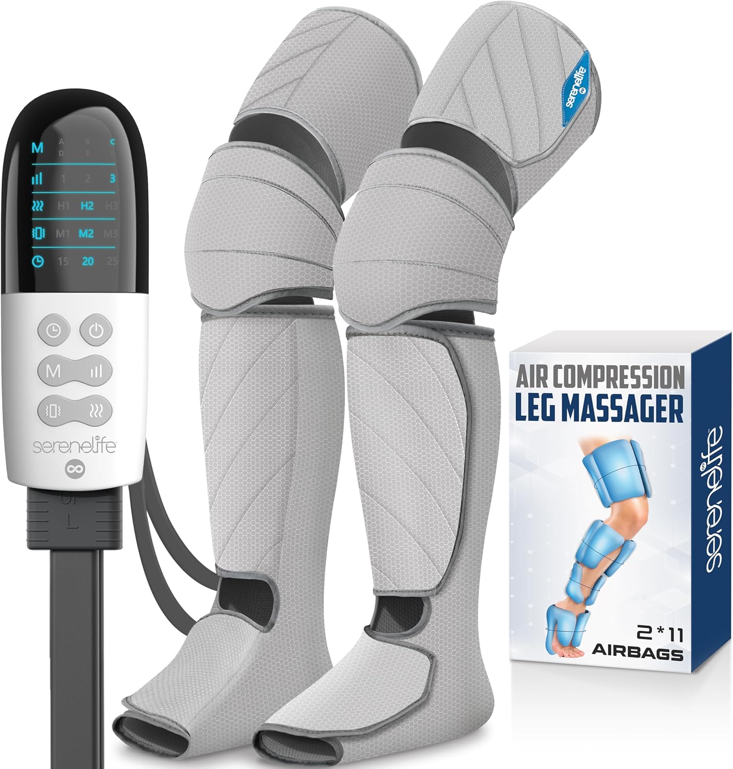 SereneLife Air Compression Leg Massager, Full Leg Massager with Heat and Compression, Portable and Adjustable with 6 Modes, 3 Vibrations, 3 Intensities, 11 Airbags for Thigh, Calf, and Foot Massage